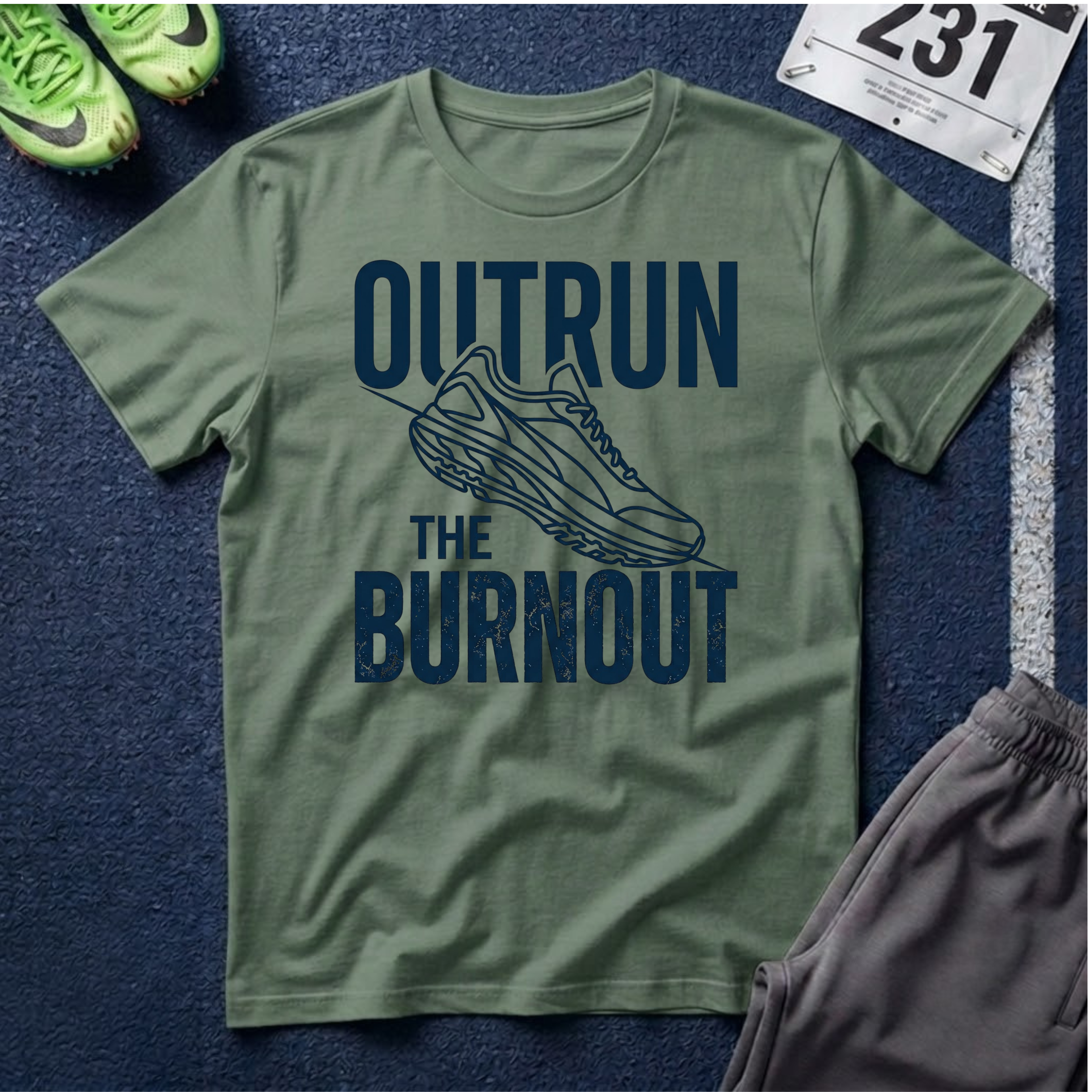 Outrun the Burnout T-Shirt — Motivational Running Tee with Sneaker Graphic