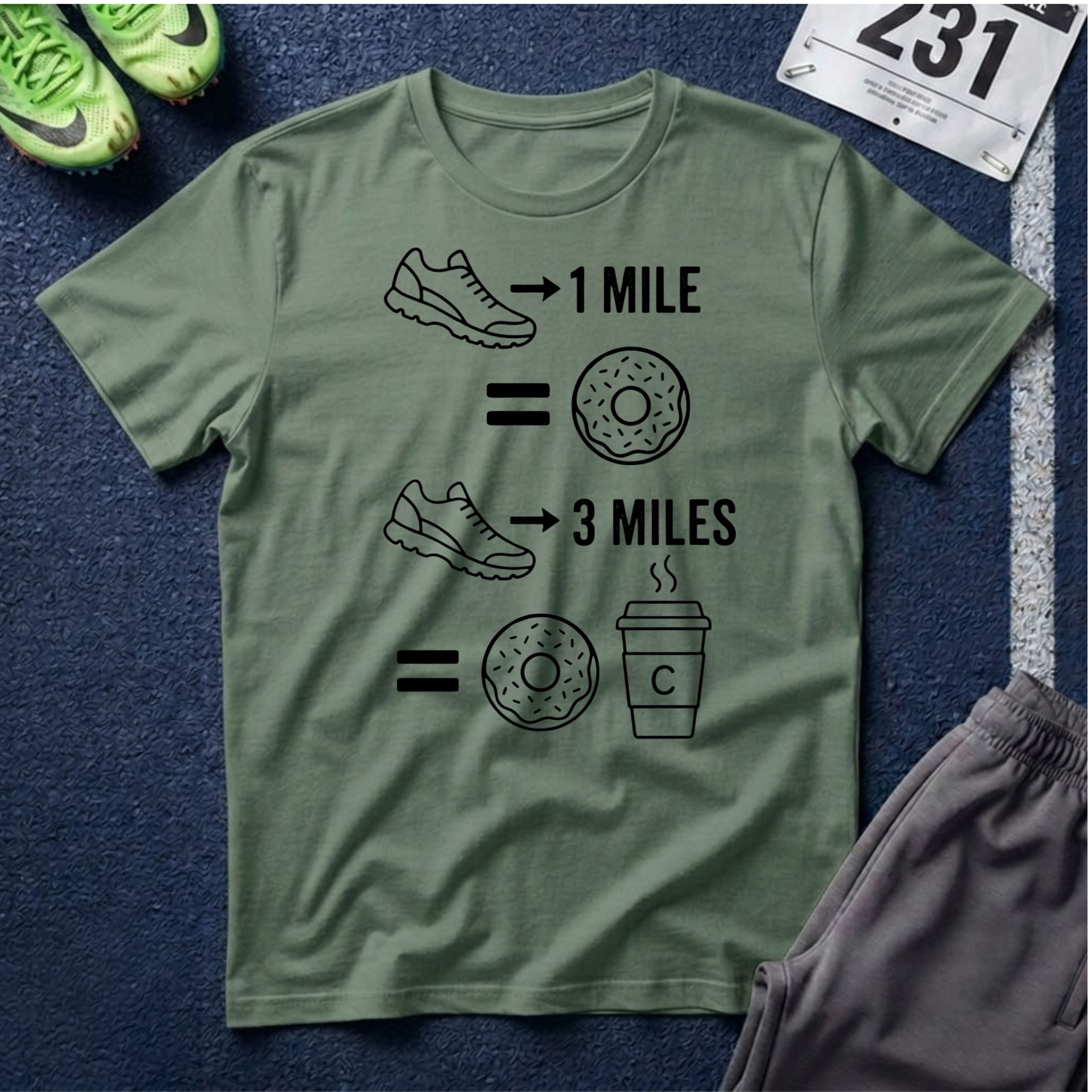 Running Equals Donuts T-Shirt — (1 Mile = Donut, 3 Miles = Coffee & Donut)