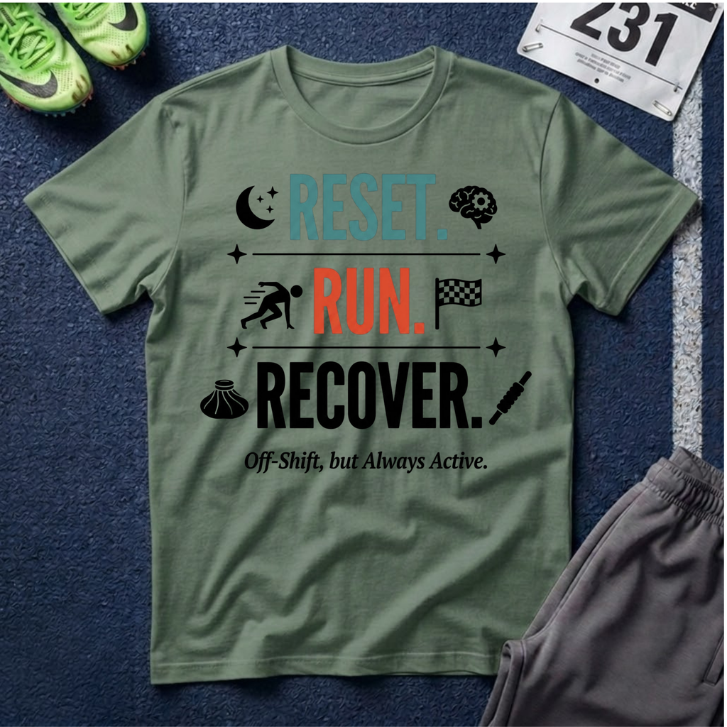 Run Recovery T-Shirt — "Reset. Run. Recover." Motivational Running Tee