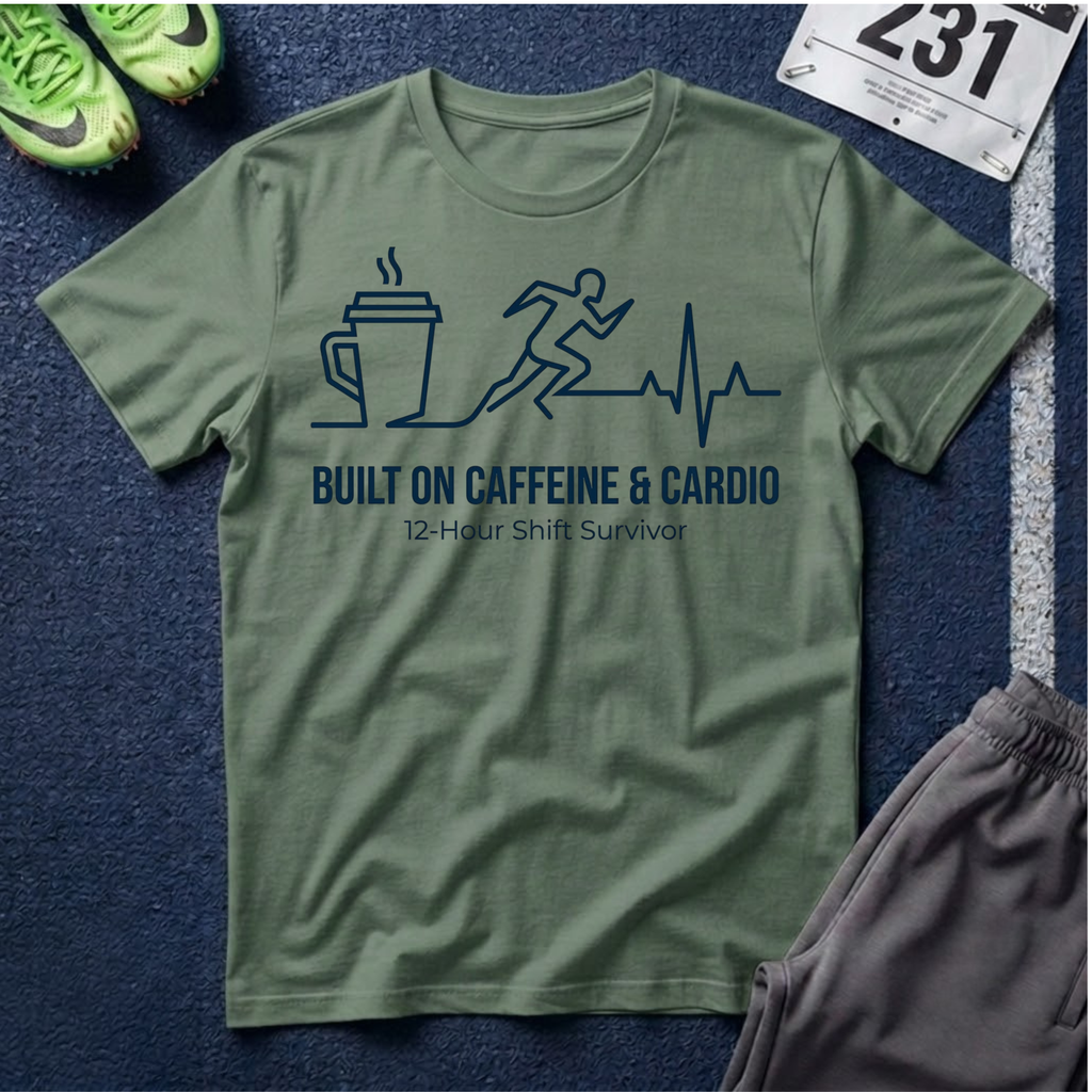 Built on Caffeine & Cardio T-Shirt — 12-Hour Shift Survivor