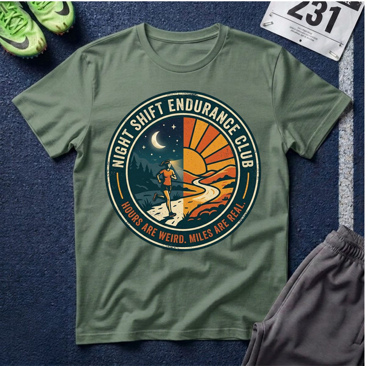 Night Shift Endurance Club T-Shirt — Retro Sunrise & Moon Hiker Tee