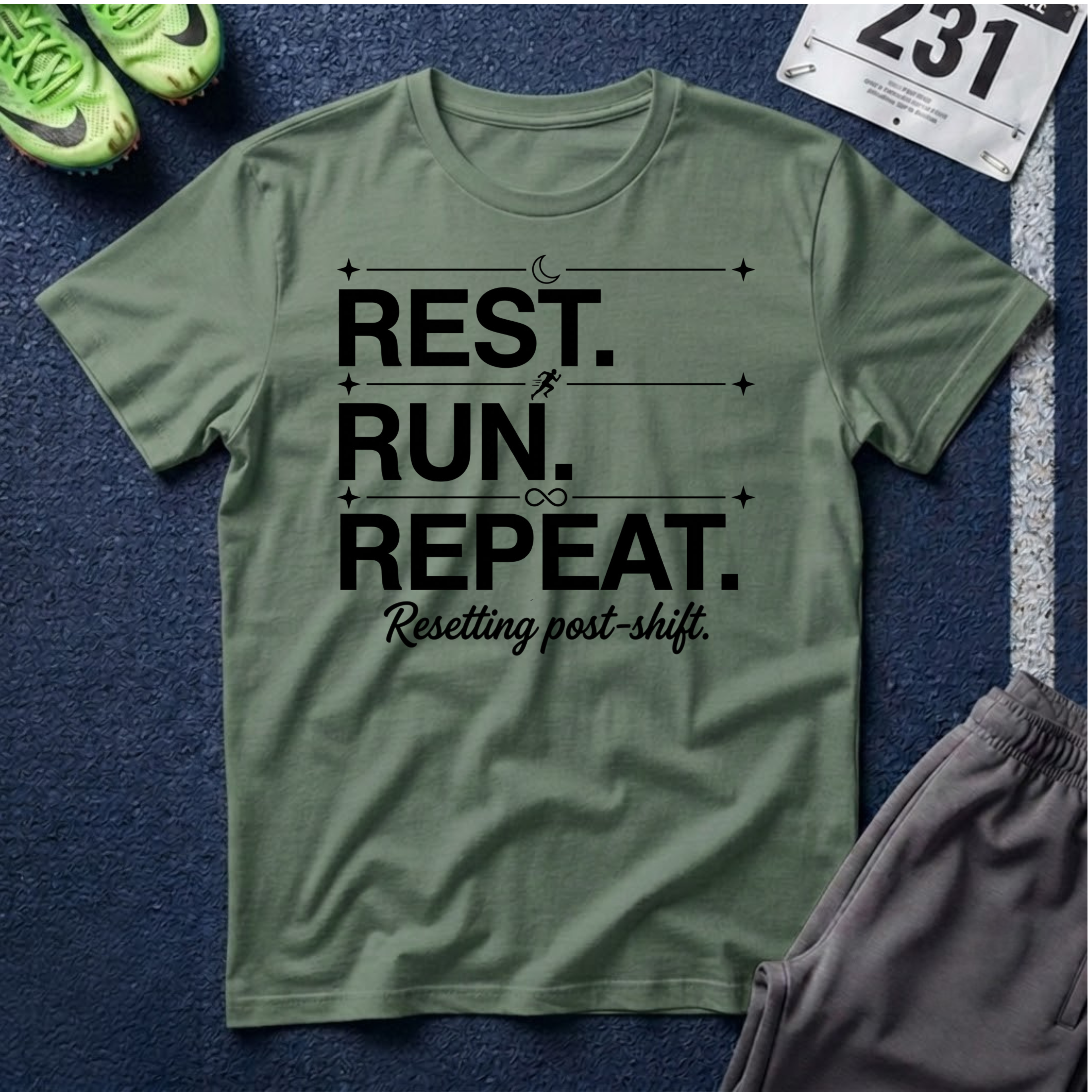 Rest. Run. Repeat. T-Shirt — Inspirational Runner Tee for Recovery & Training