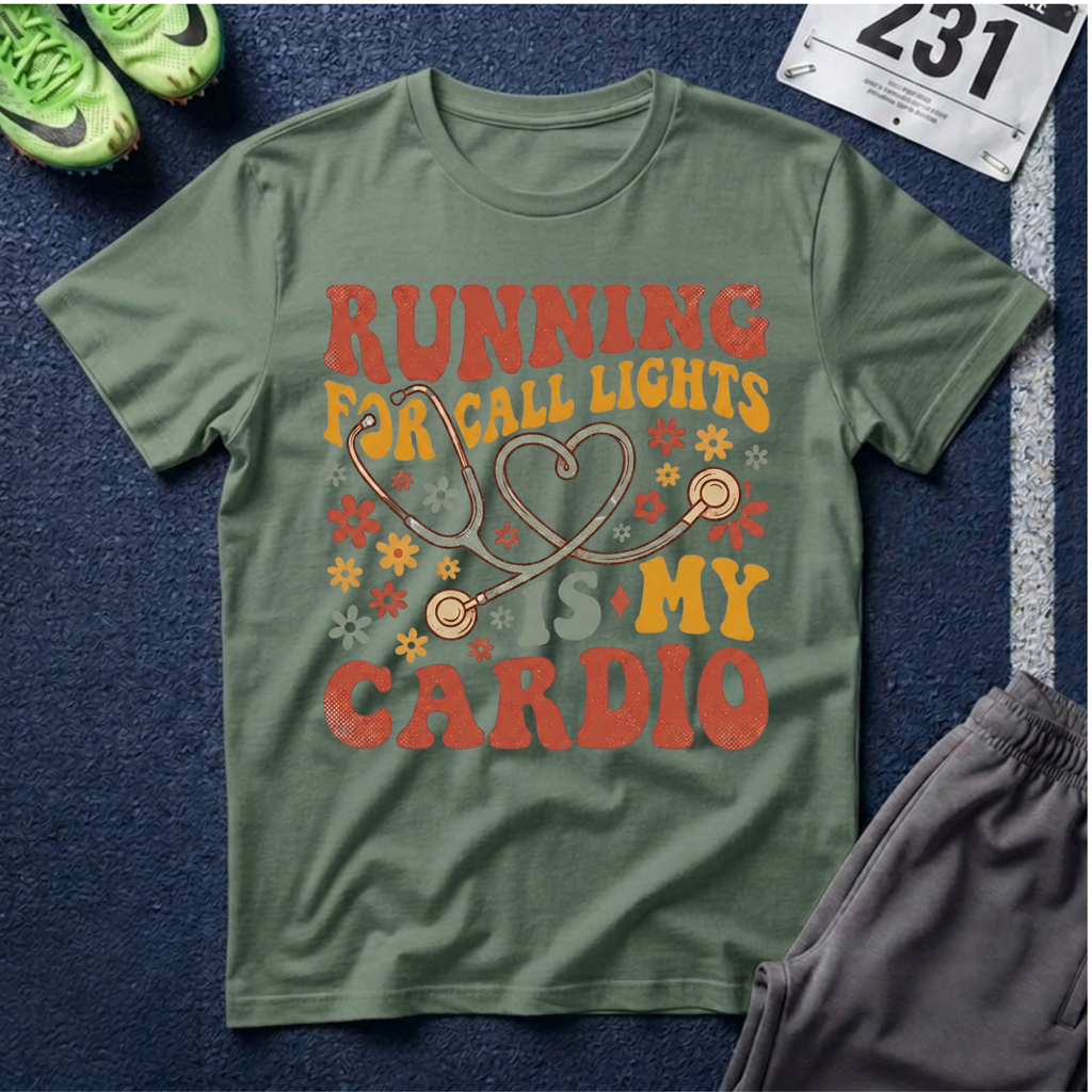 "Running For Call Lights Is My Cardio" T-Shirt - Nurse Stethoscope Retro Tee