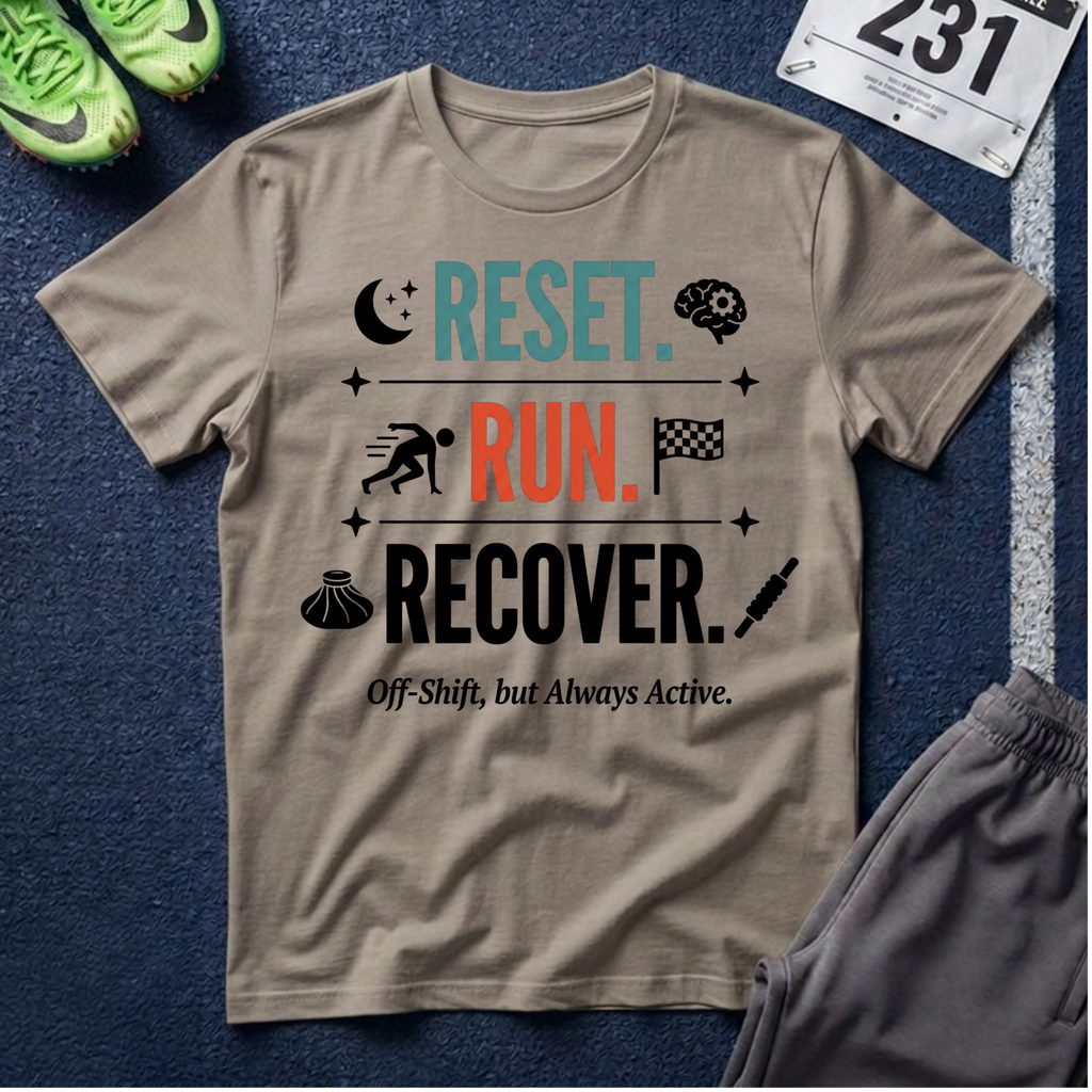 Run Recovery T-Shirt — "Reset. Run. Recover." Motivational Running Tee