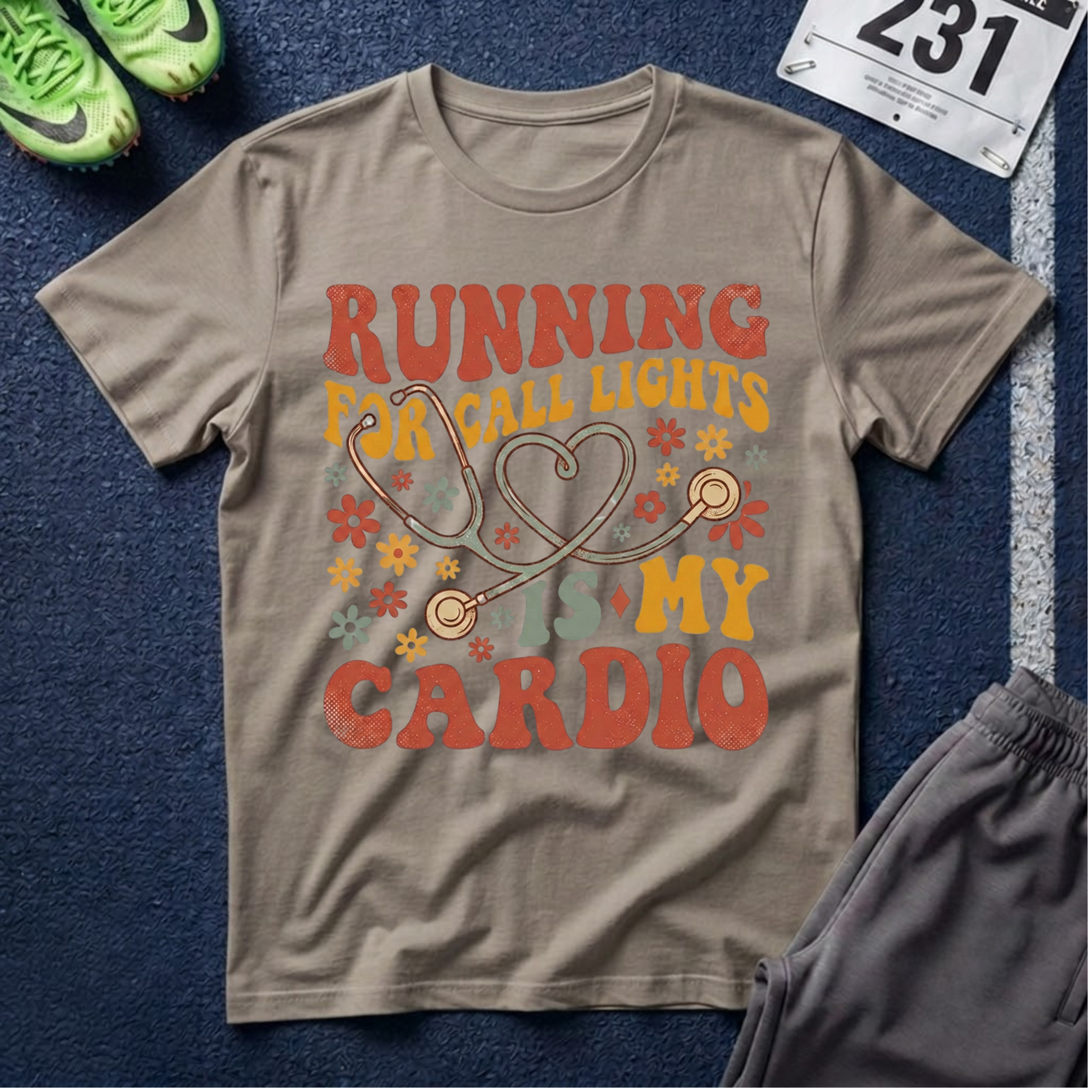 "Running For Call Lights Is My Cardio" T-Shirt - Nurse Stethoscope Retro Tee