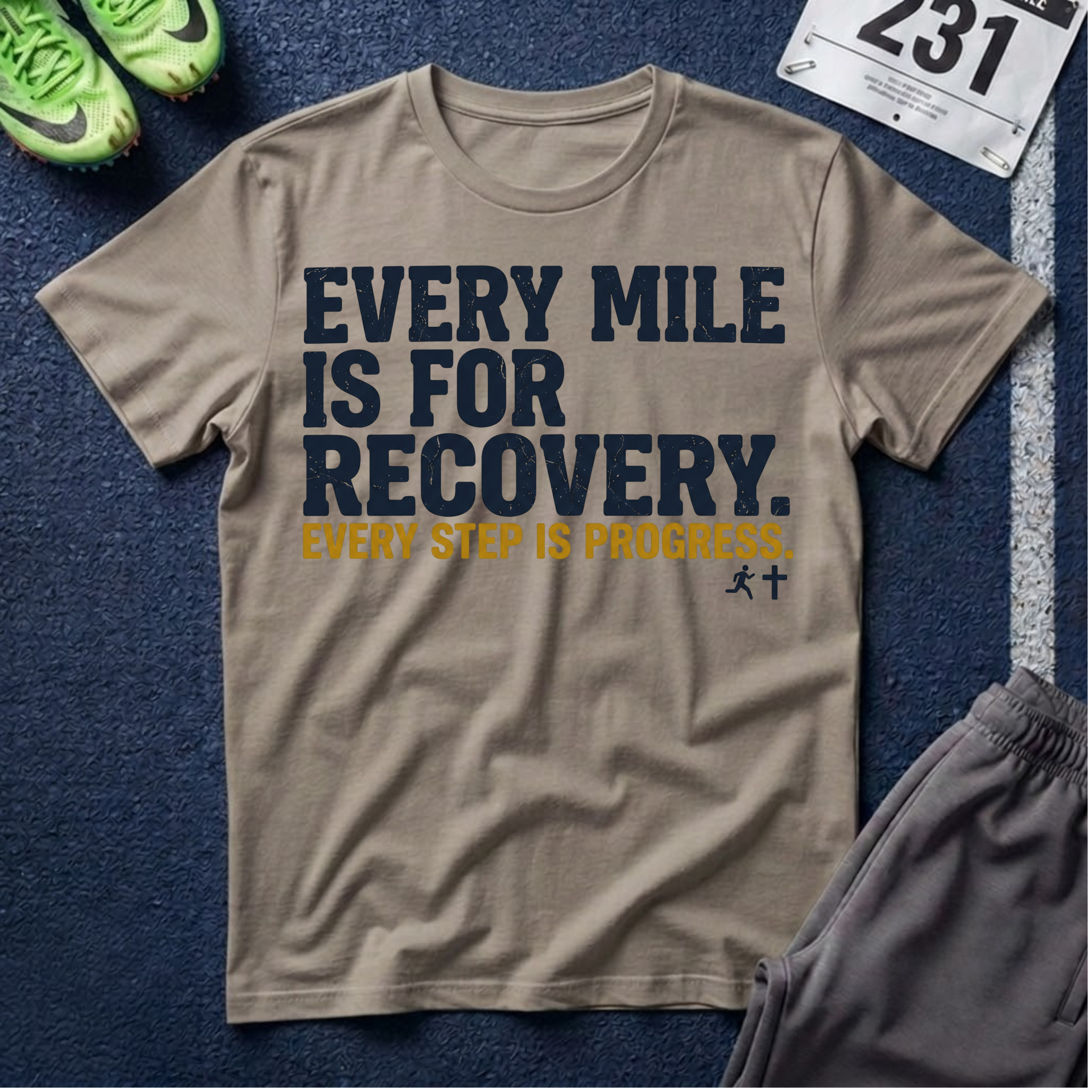 Recovery Running T-Shirt — "Every Mile Is For Recovery. Every Step Is Progress."