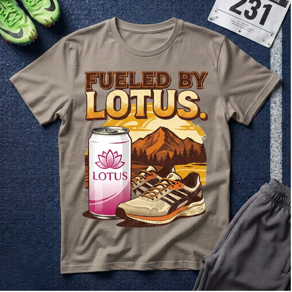 Fueled By Lotus T-Shirt — Retro Mountain Lotus Drink Graphic Tee