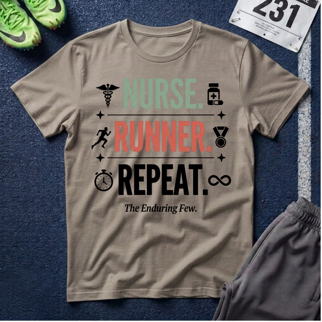 Nurse Runner T-Shirt — 'Nurse. Runner. Repeat.' Graphic Tee for Nurses Who Run