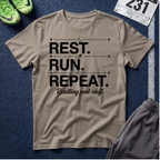 Rest. Run. Repeat. T-Shirt — Inspirational Runner Tee for Recovery & Training