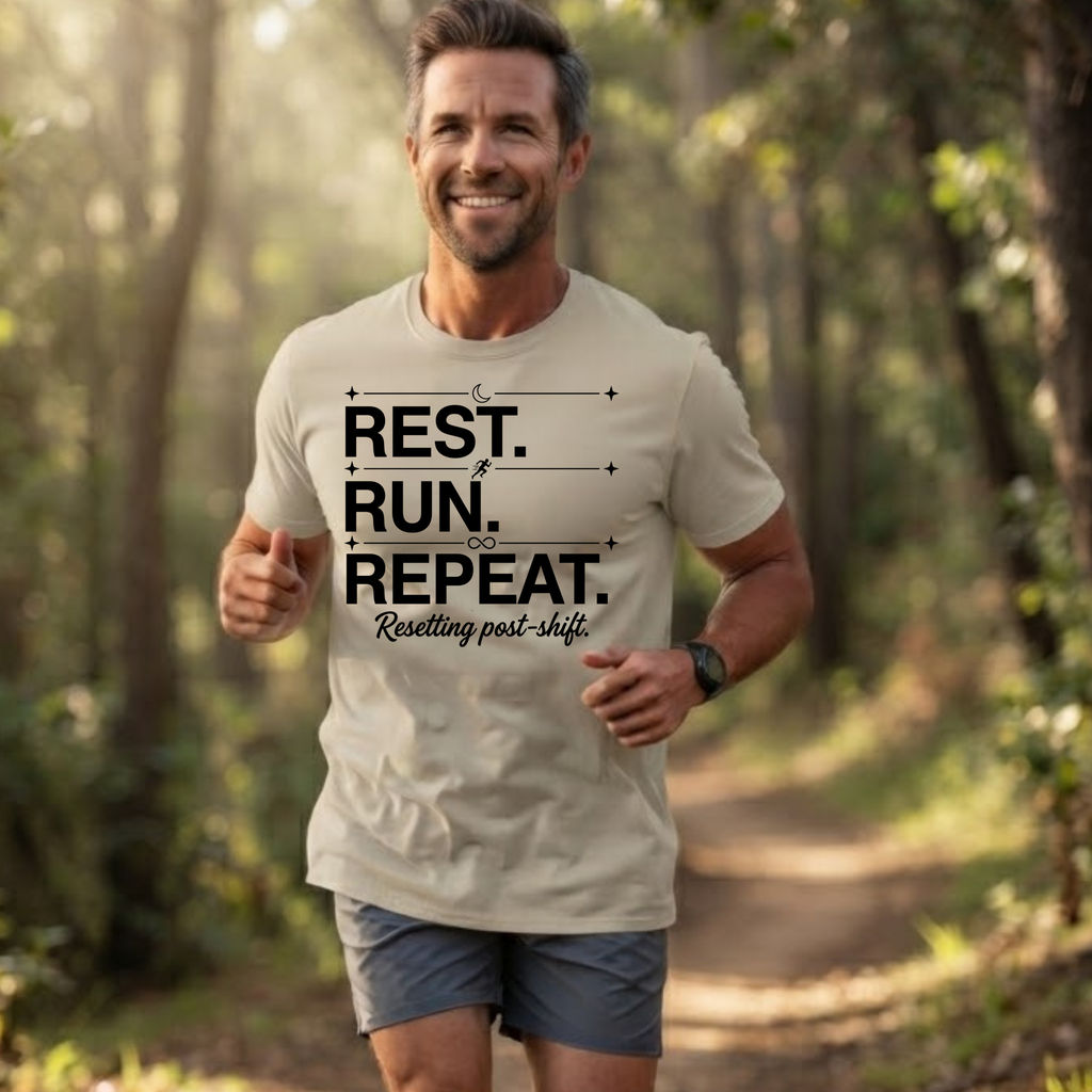 Rest. Run. Repeat. T-Shirt — Inspirational Runner Tee for Recovery & Training