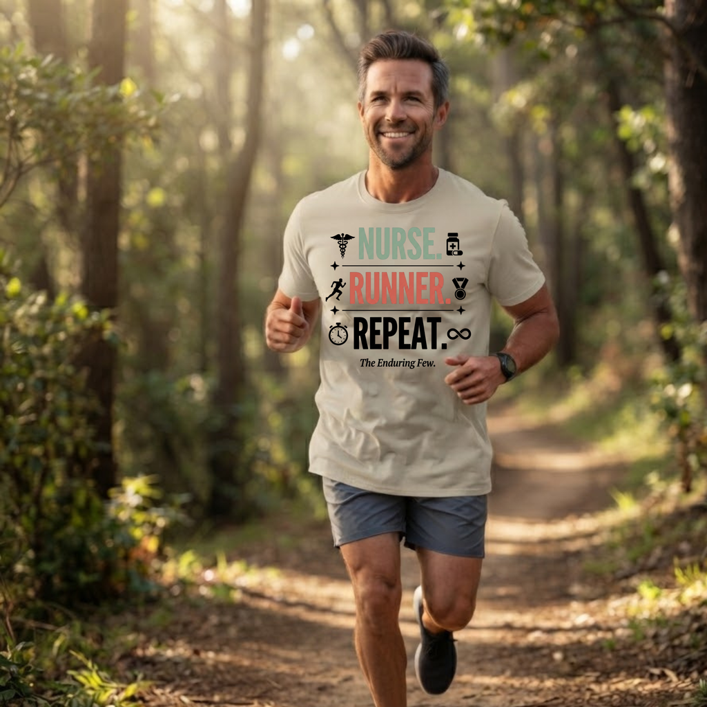 Nurse Runner T-Shirt — 'Nurse. Runner. Repeat.' Graphic Tee for Nurses Who Run