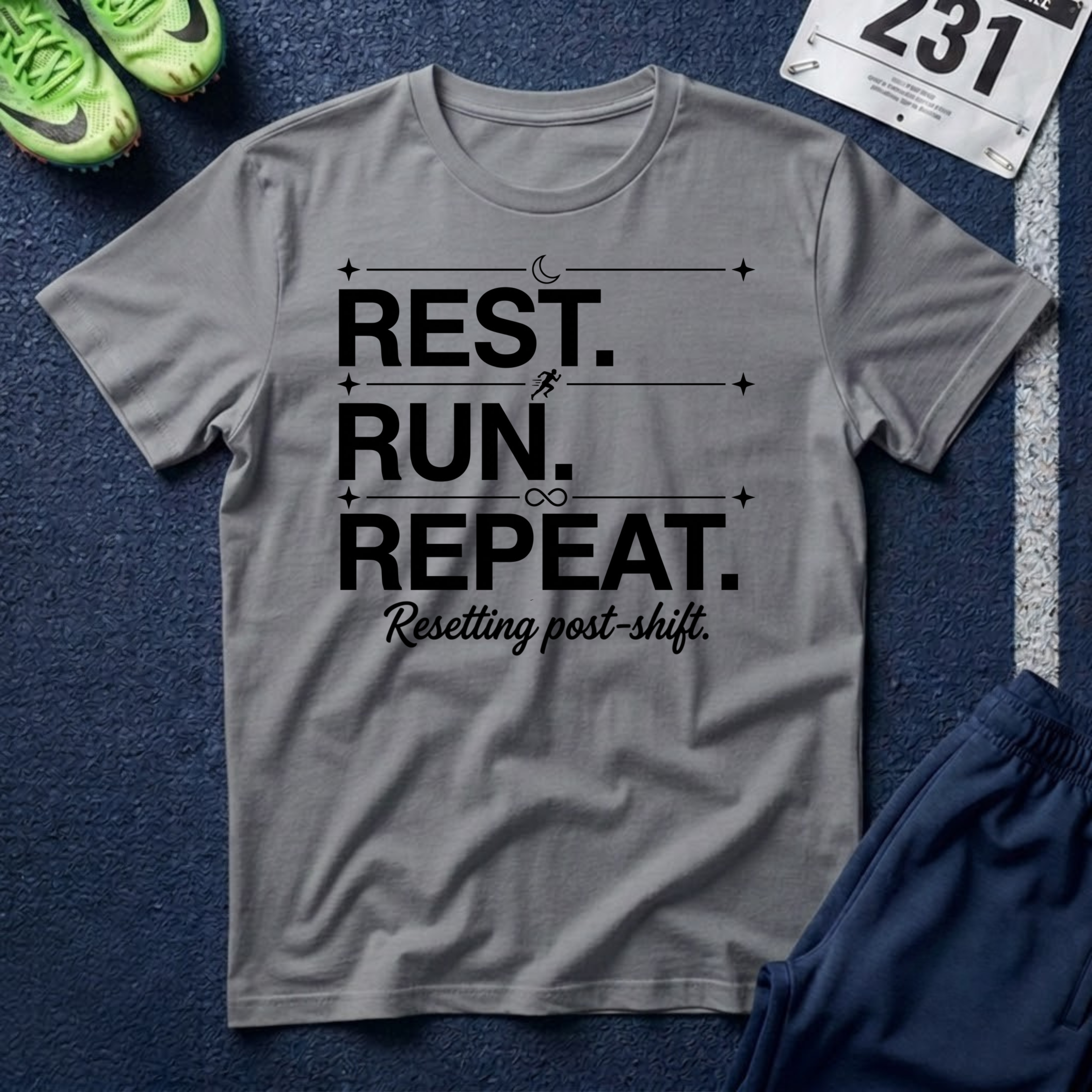 Rest. Run. Repeat. T-Shirt — Inspirational Runner Tee for Recovery & Training