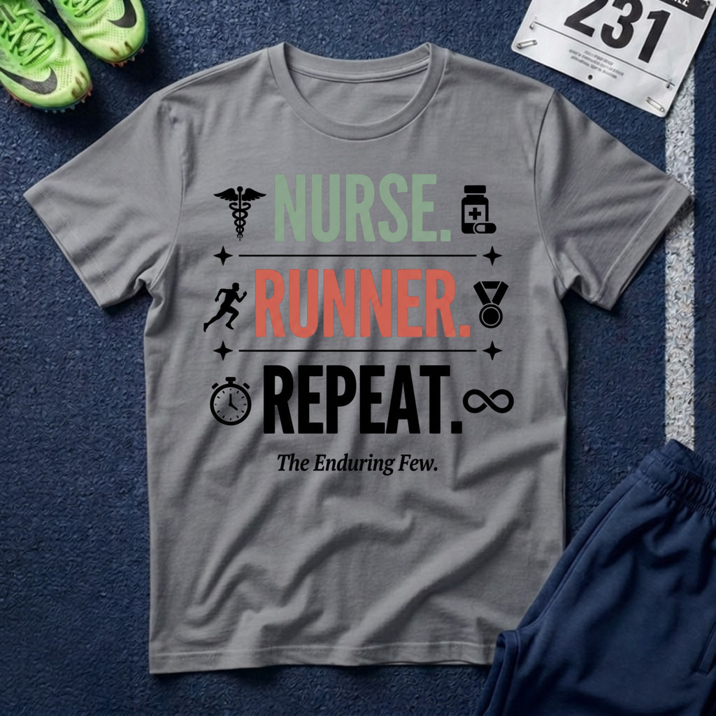 Nurse Runner T-Shirt — 'Nurse. Runner. Repeat.' Graphic Tee for Nurses Who Run