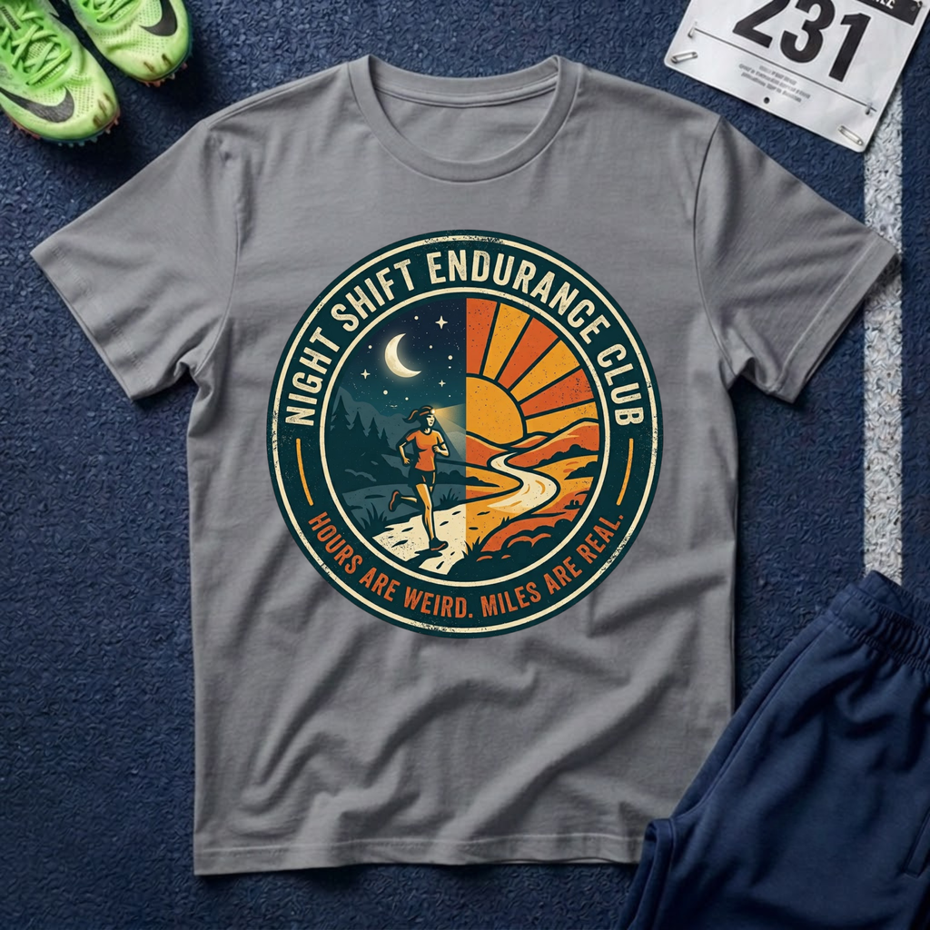 Night Shift Endurance Club T-Shirt — Retro Sunrise & Moon Hiker Tee