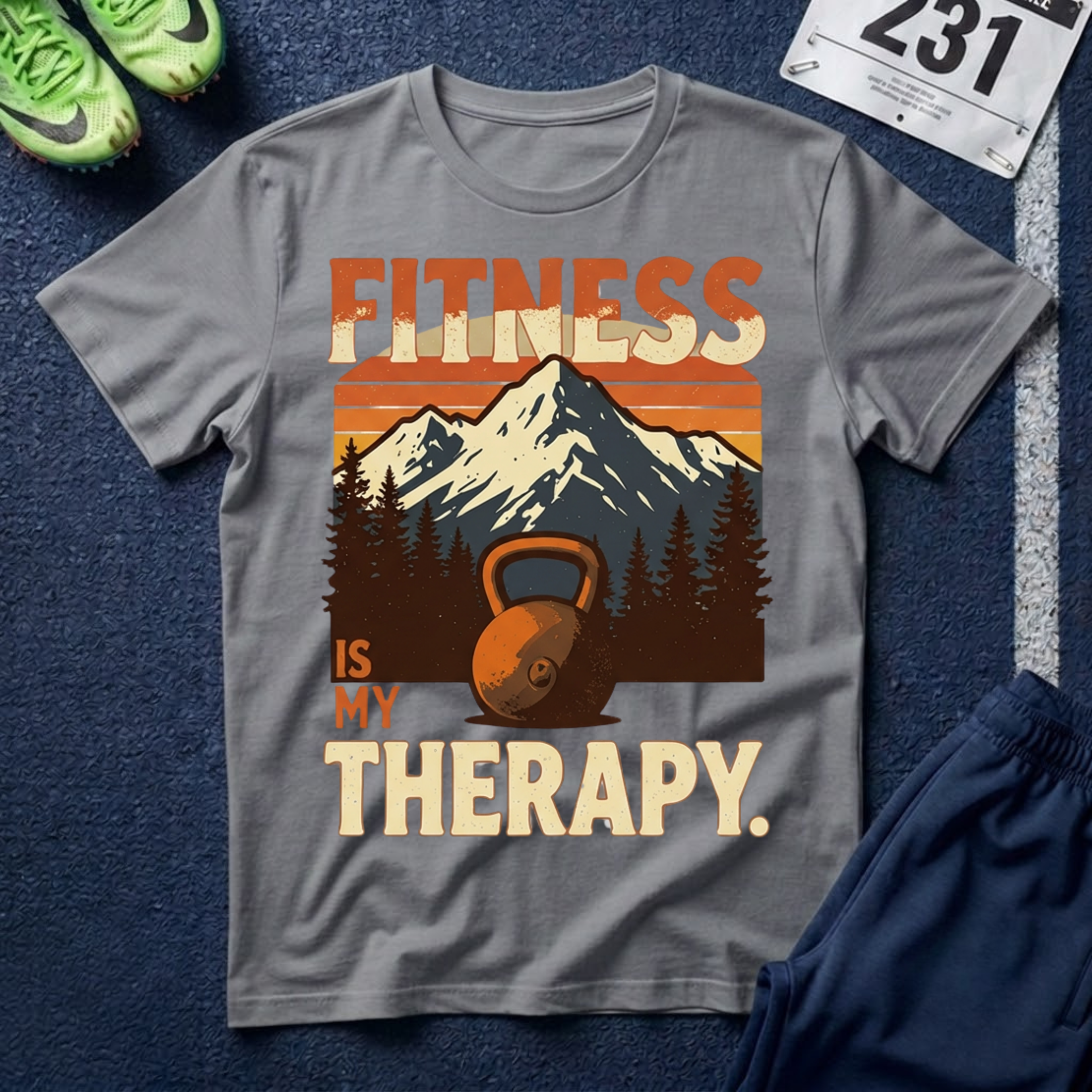 Fitness Is My Therapy T-Shirt — Vintage Mountain Kettlebell Workout Tee