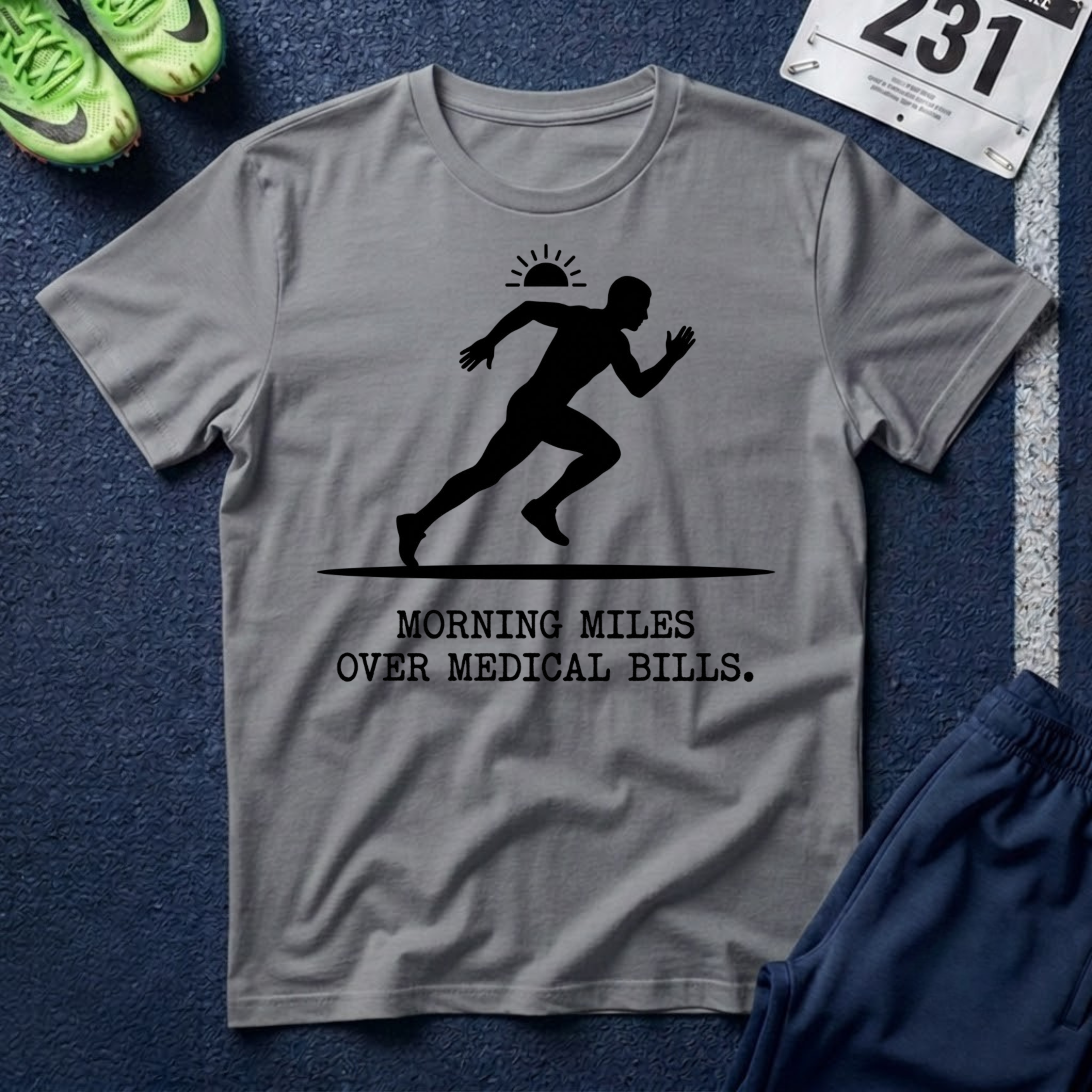 Running Silhouette T-Shirt — “Morning Miles Over Medical Bills”