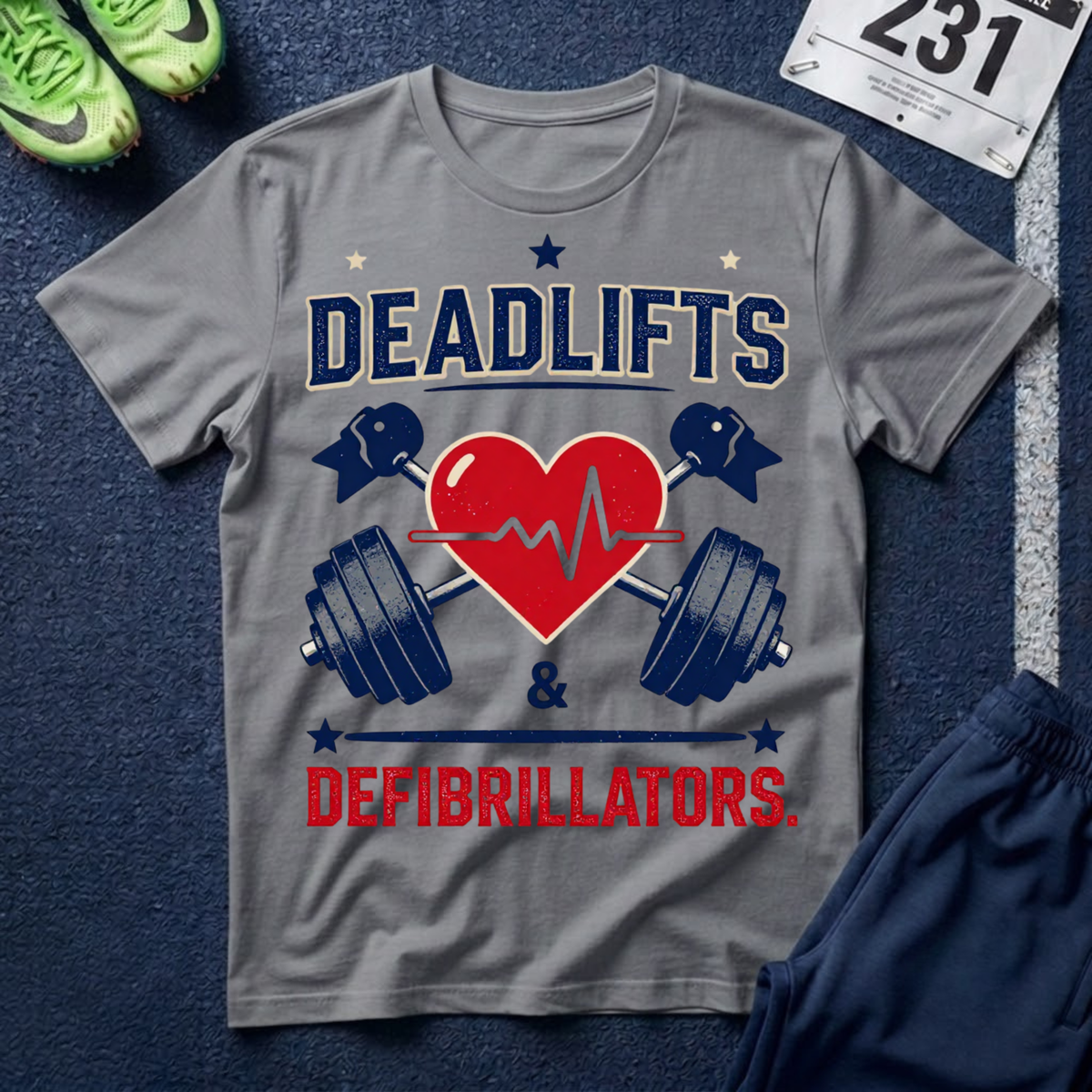 Deadlifts & Defibrillators T-Shirt — Heart of a Lifter Gym Tee