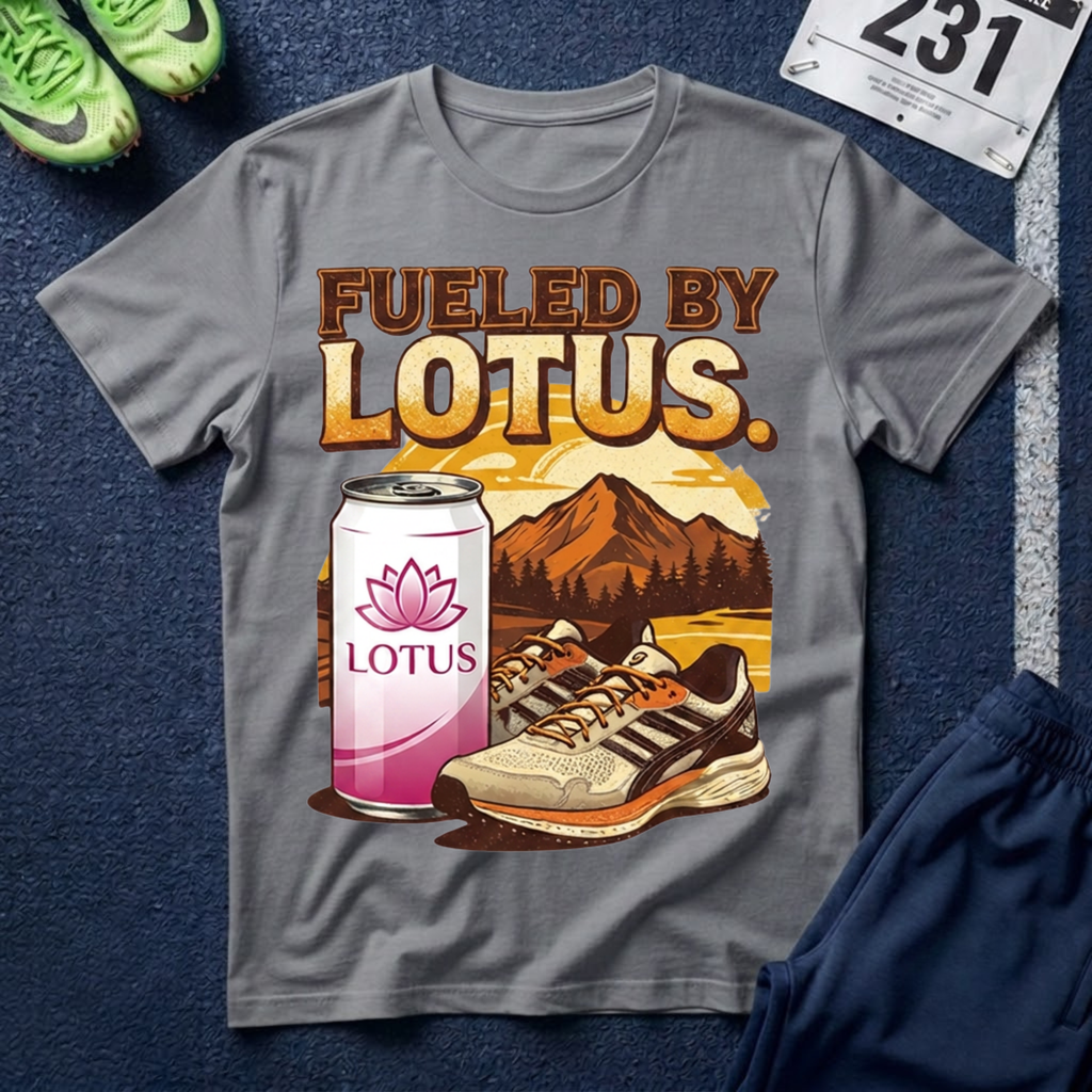Fueled By Lotus T-Shirt — Retro Mountain Lotus Drink Graphic Tee
