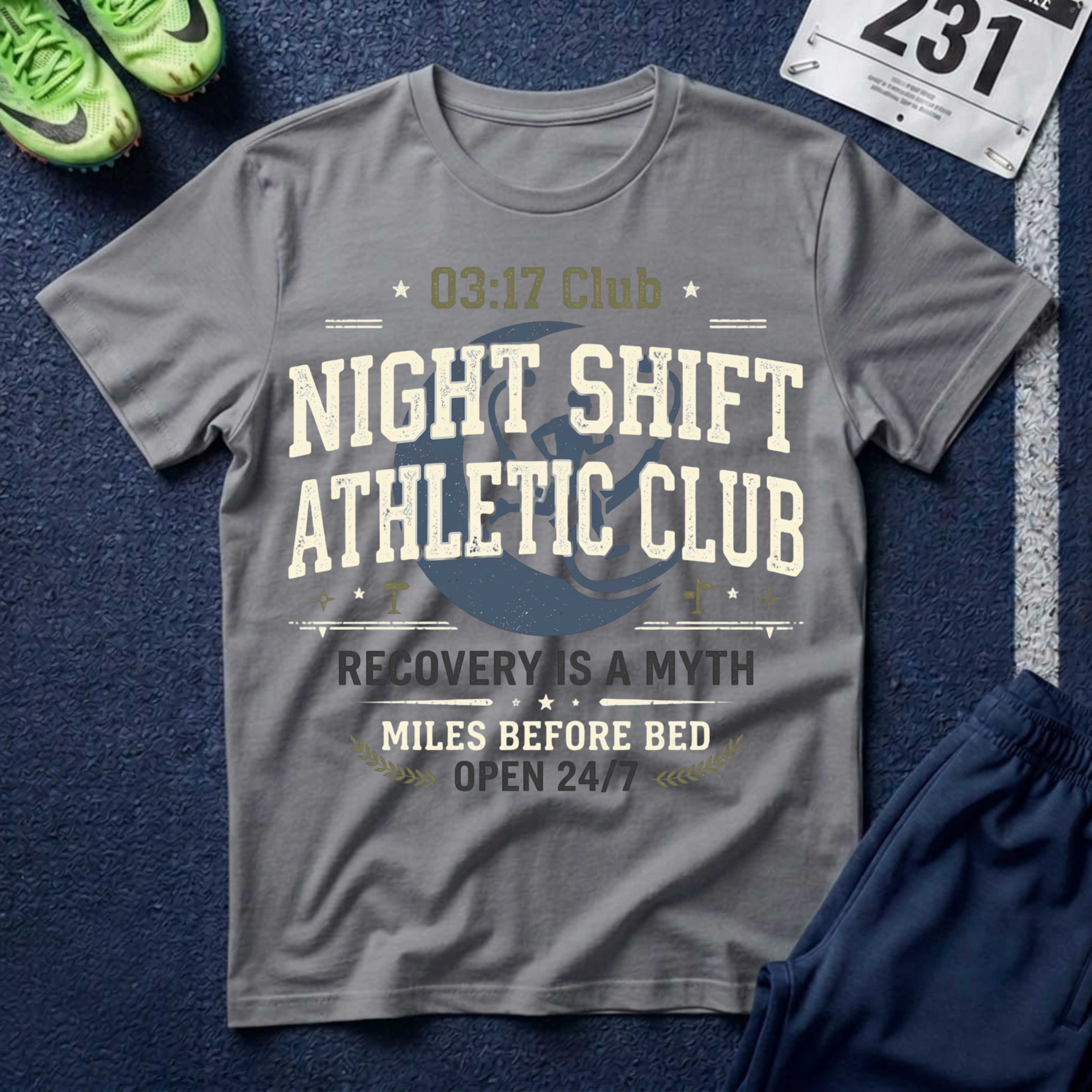 Night Shift Athletic Club T-Shirt — 03:17 Club Recovery Is A Myth Crew Tee