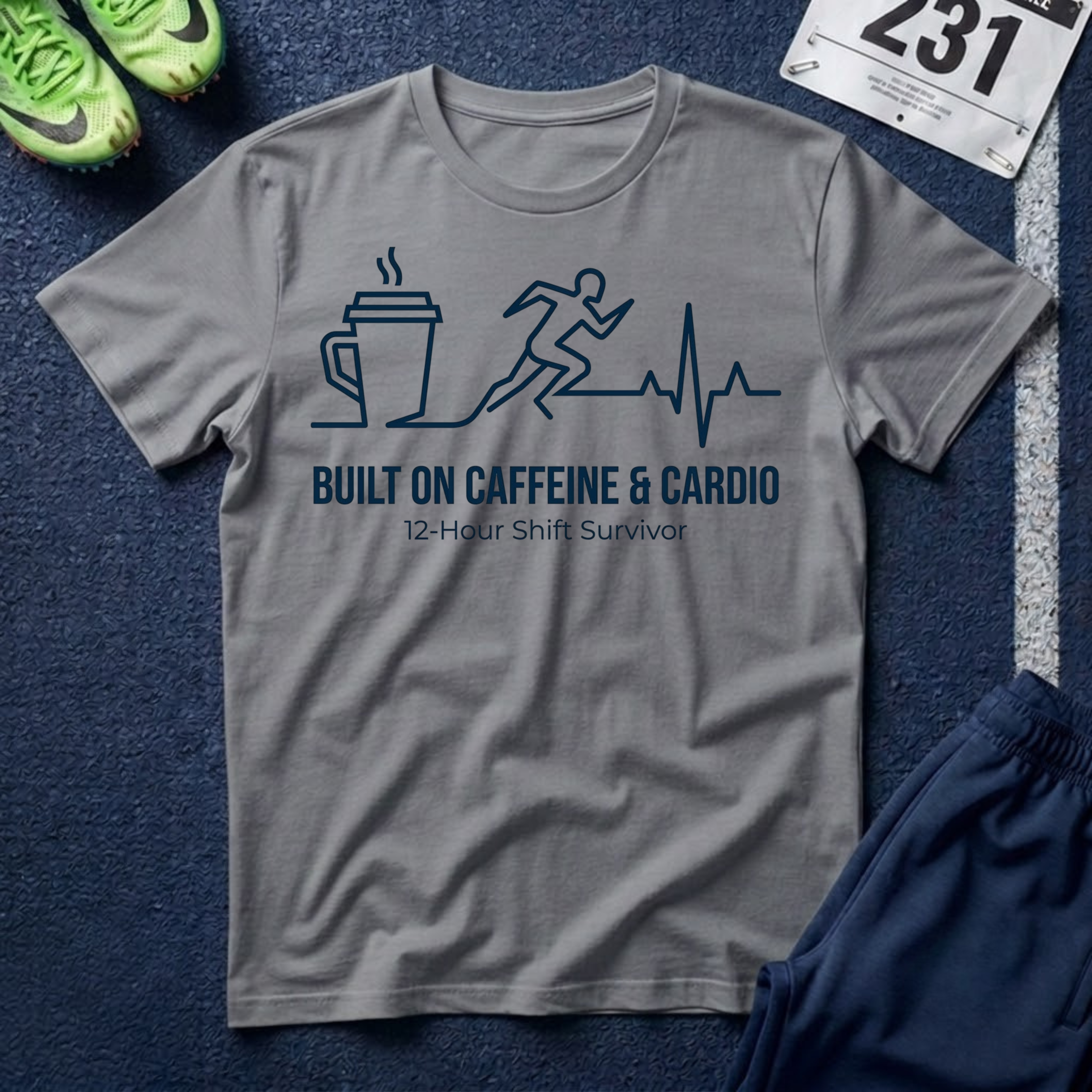 Built on Caffeine & Cardio T-Shirt — 12-Hour Shift Survivor