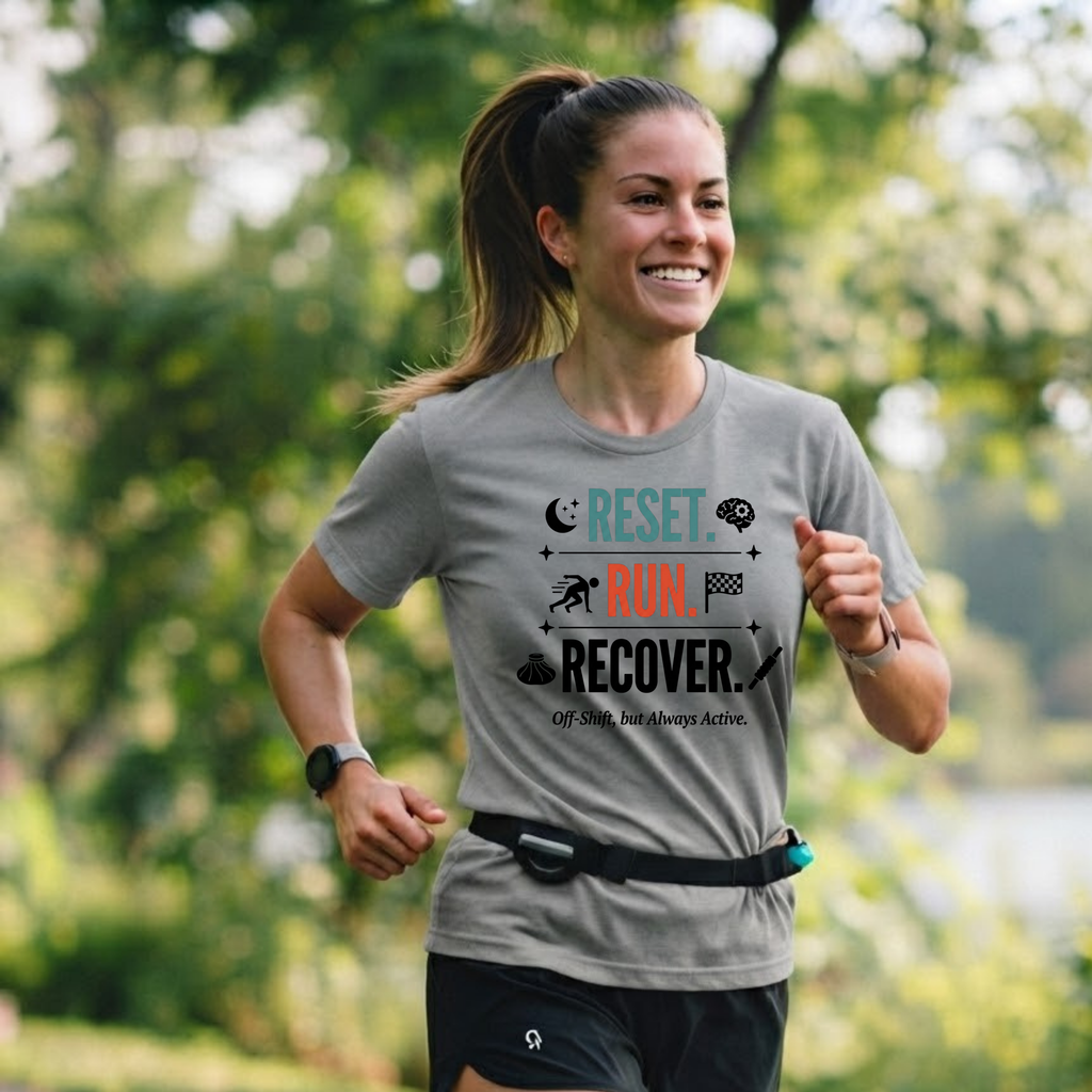 Run Recovery T-Shirt — "Reset. Run. Recover." Motivational Running Tee