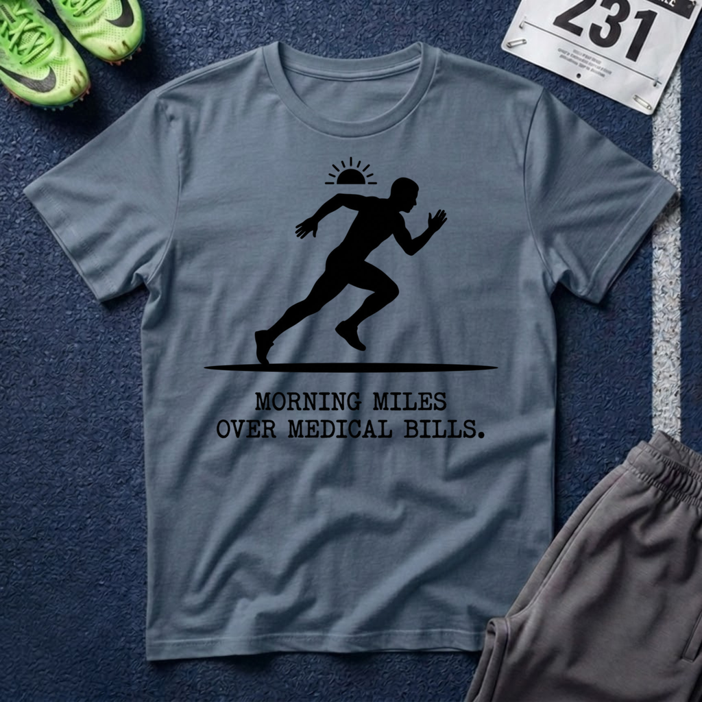 Running Silhouette T-Shirt — “Morning Miles Over Medical Bills”