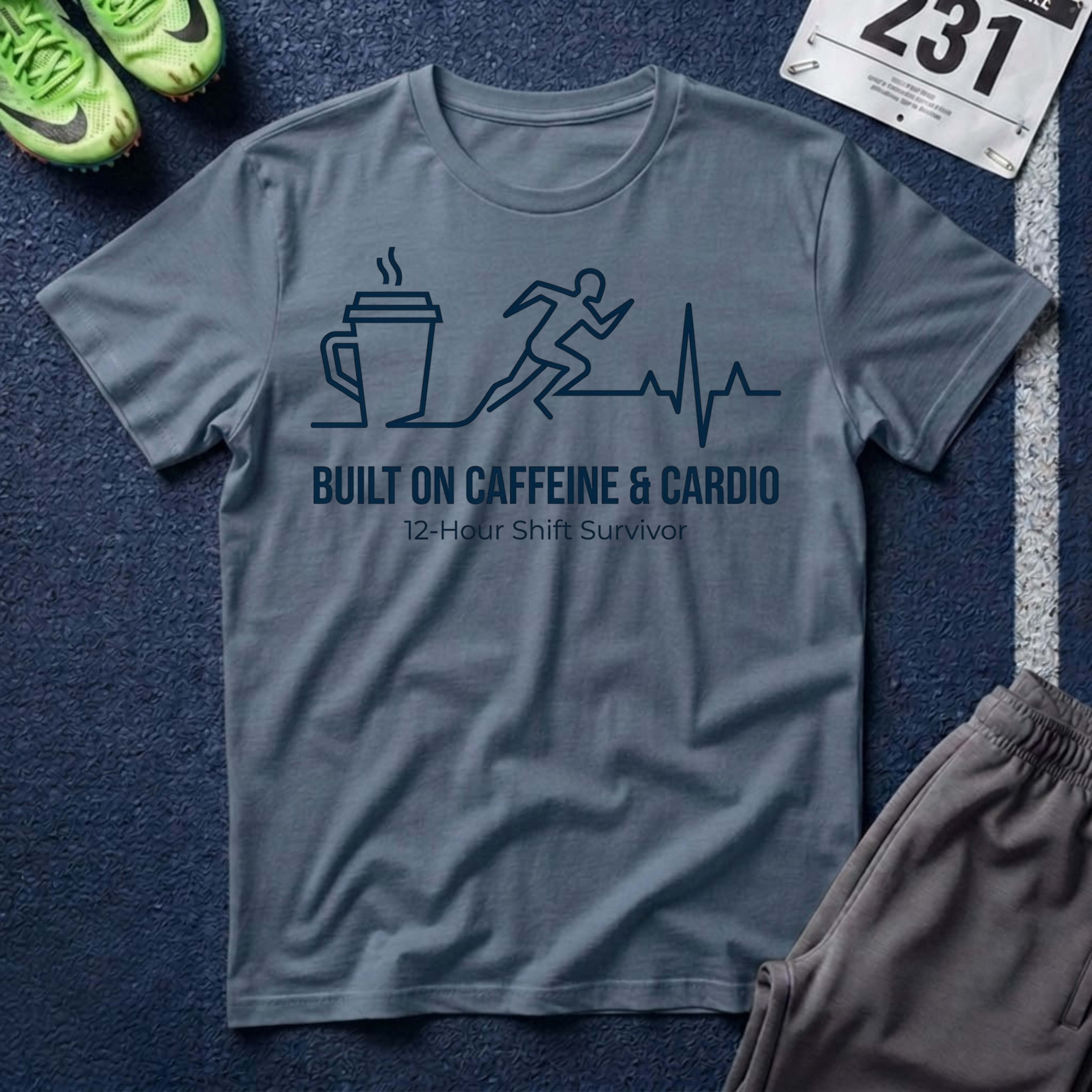 Built on Caffeine & Cardio T-Shirt — 12-Hour Shift Survivor