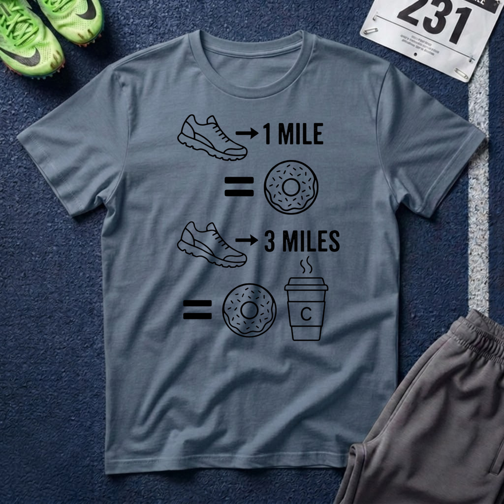 Running Equals Donuts T-Shirt — (1 Mile = Donut, 3 Miles = Coffee & Donut)