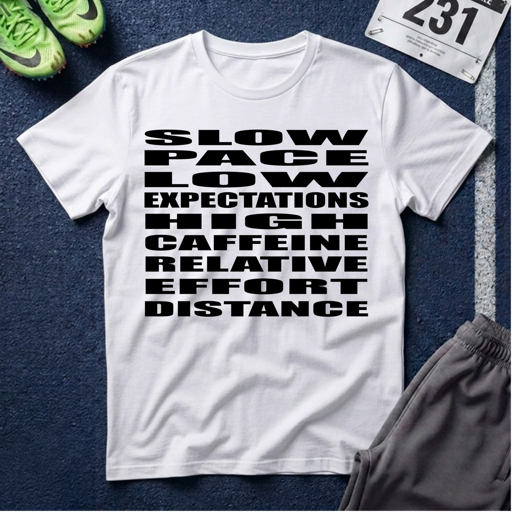 T-Shirt — 'Slow Pace, Low Expectations, High Caffeine' Graphic Tee