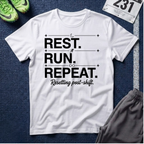 Rest. Run. Repeat. T-Shirt — Inspirational Runner Tee for Recovery & Training