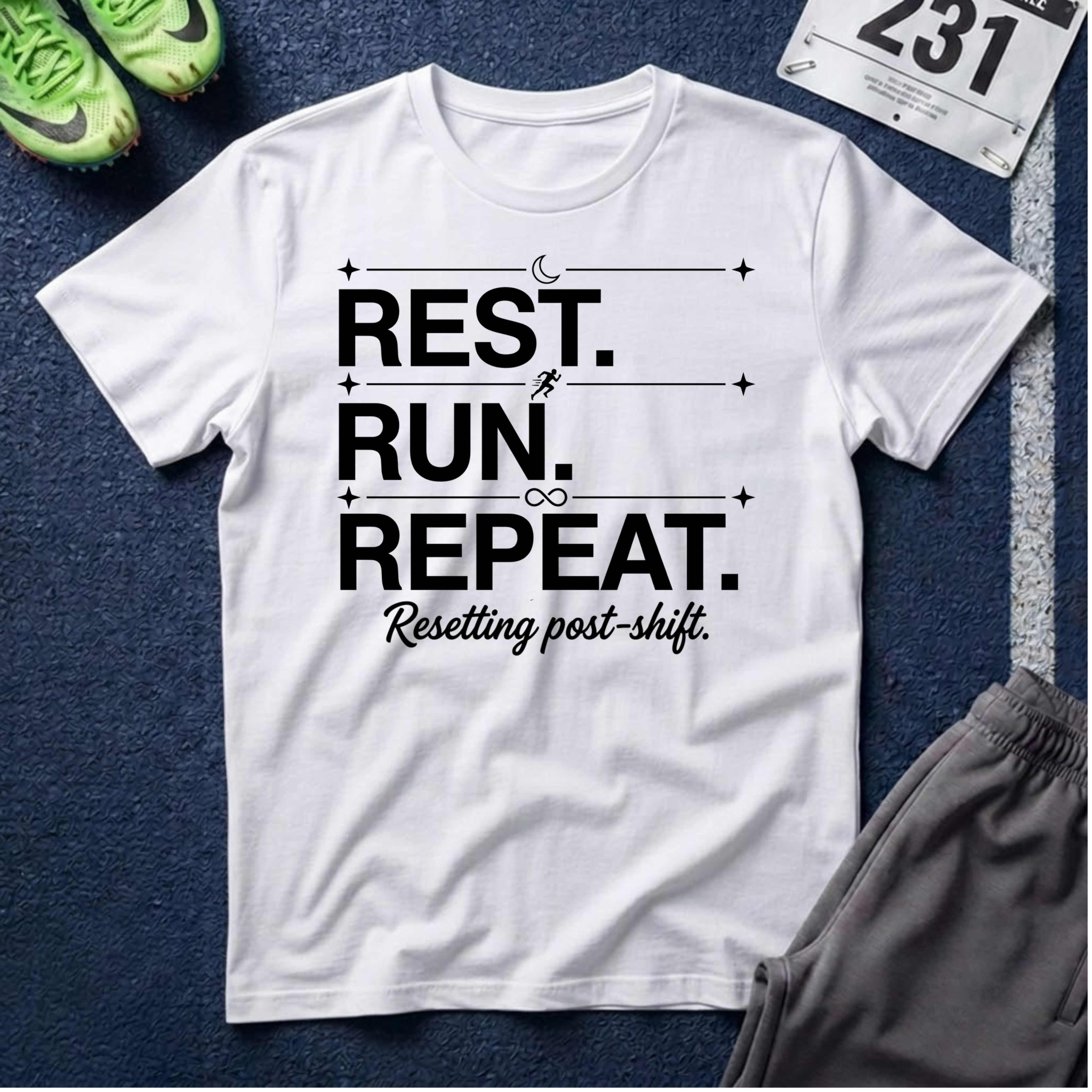 Rest. Run. Repeat. T-Shirt — Inspirational Runner Tee for Recovery & Training