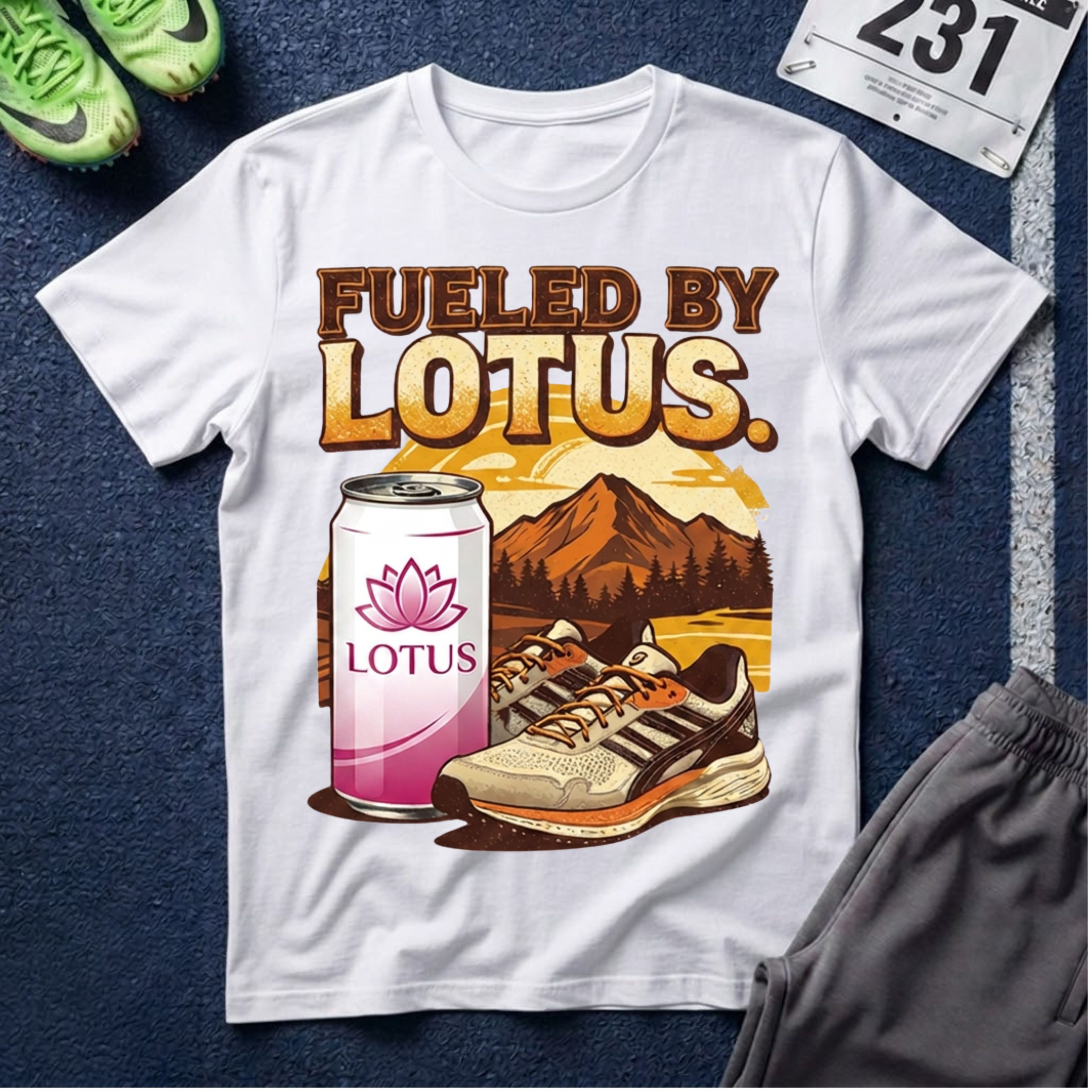 Fueled By Lotus T-Shirt — Retro Mountain Lotus Drink Graphic Tee