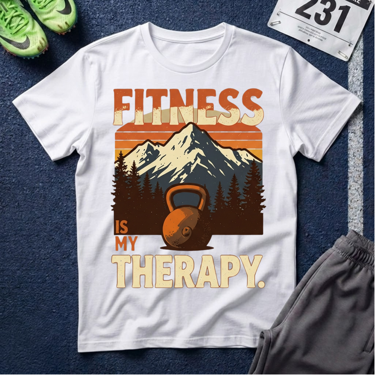 Fitness Is My Therapy T-Shirt — Vintage Mountain Kettlebell Workout Tee