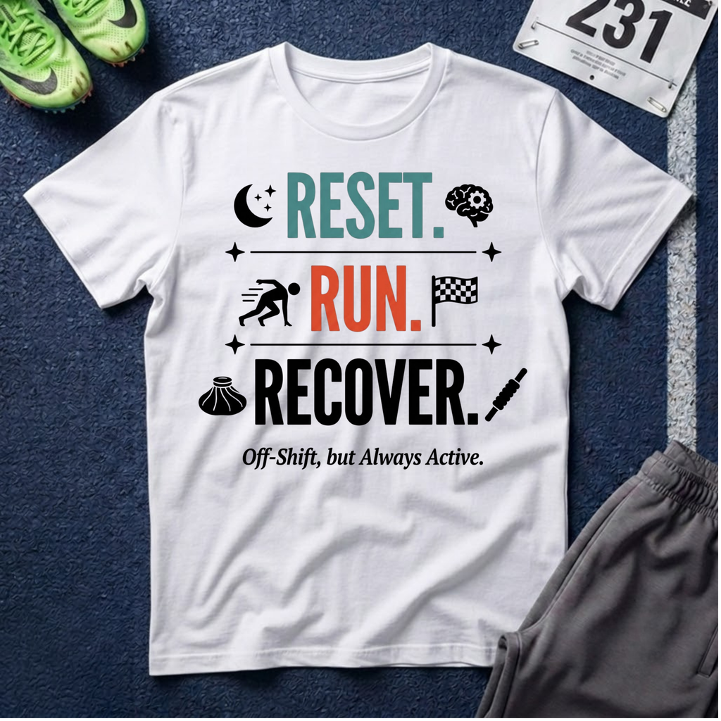 Run Recovery T-Shirt — "Reset. Run. Recover." Motivational Running Tee