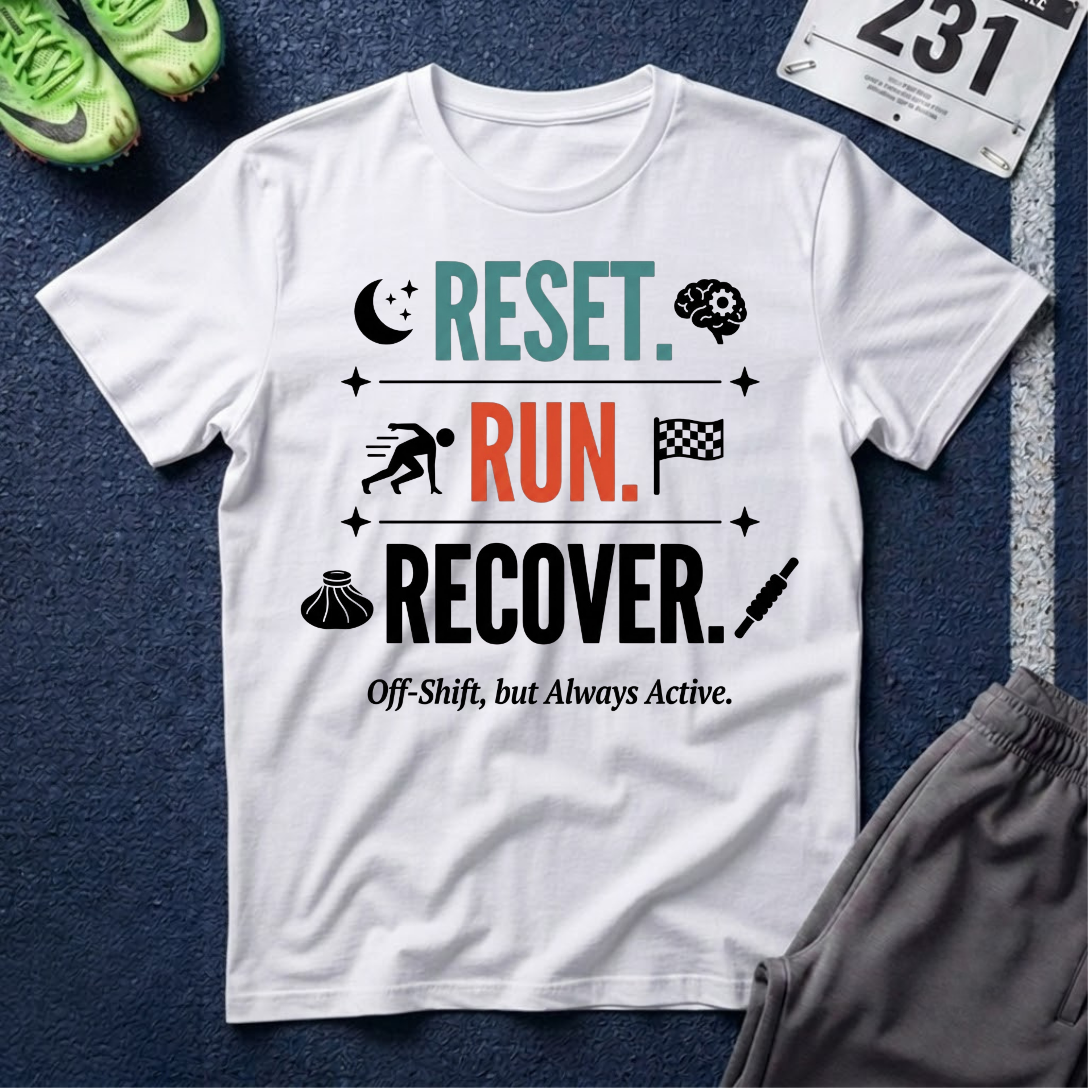 Run Recovery T-Shirt — "Reset. Run. Recover." Motivational Running Tee