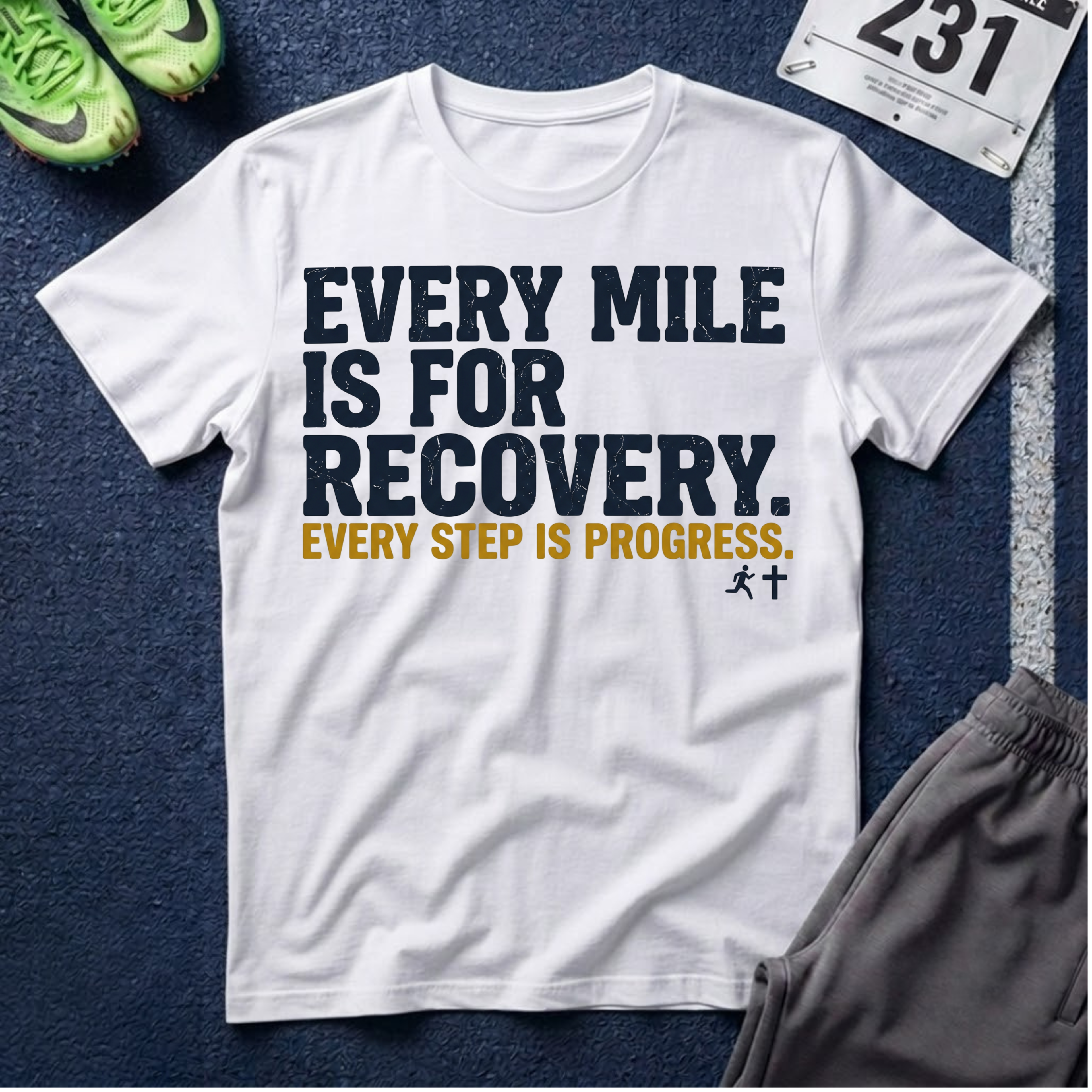 Recovery Running T-Shirt — "Every Mile Is For Recovery. Every Step Is Progress."