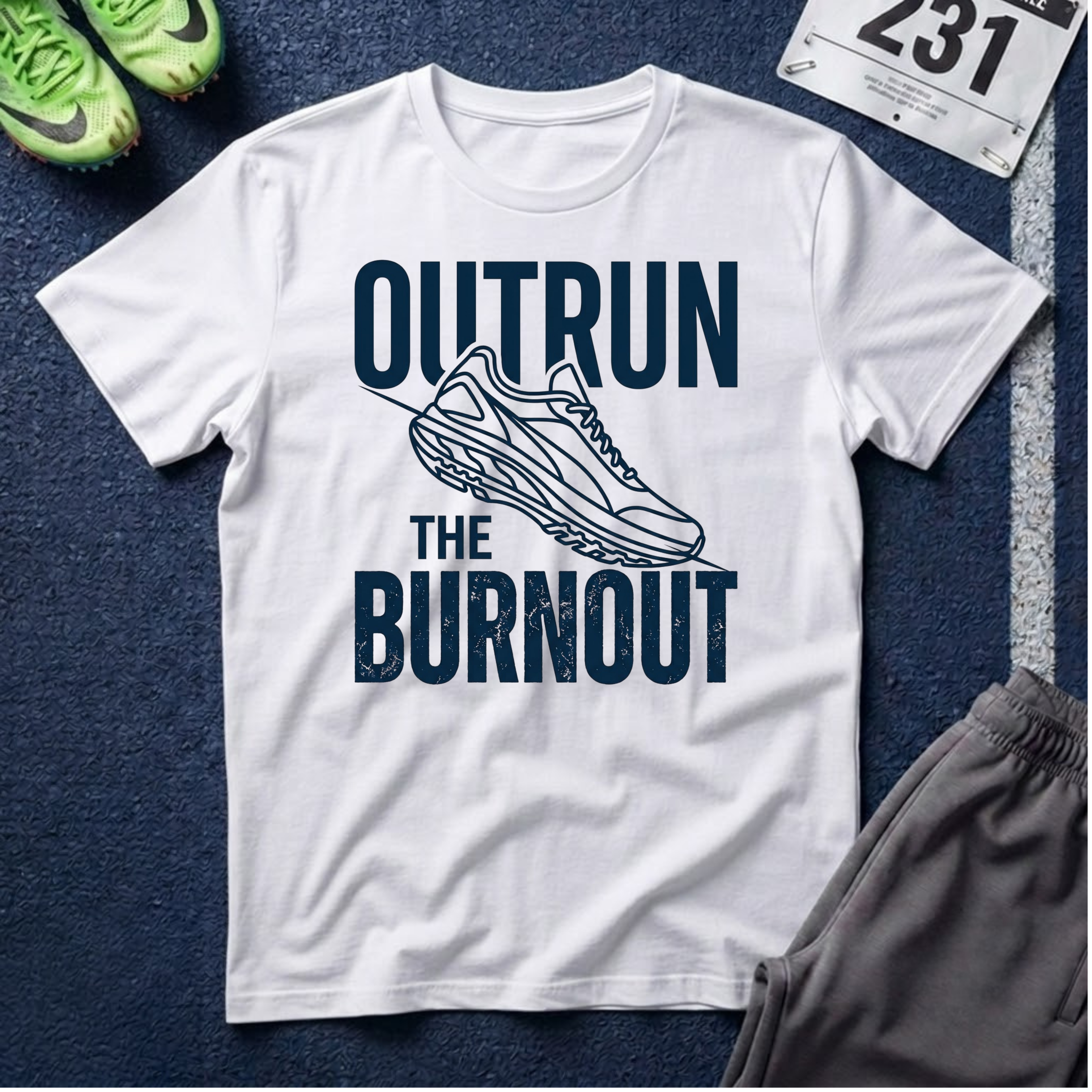 Outrun the Burnout T-Shirt — Motivational Running Tee with Sneaker Graphic