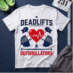 Deadlifts & Defibrillators T-Shirt — Heart of a Lifter Gym Tee
