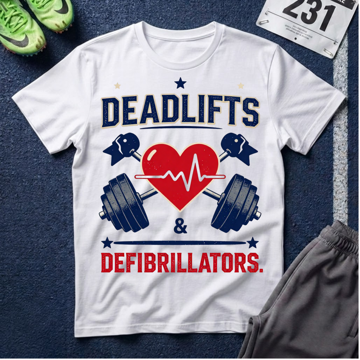 Deadlifts & Defibrillators T-Shirt — Heart of a Lifter Gym Tee