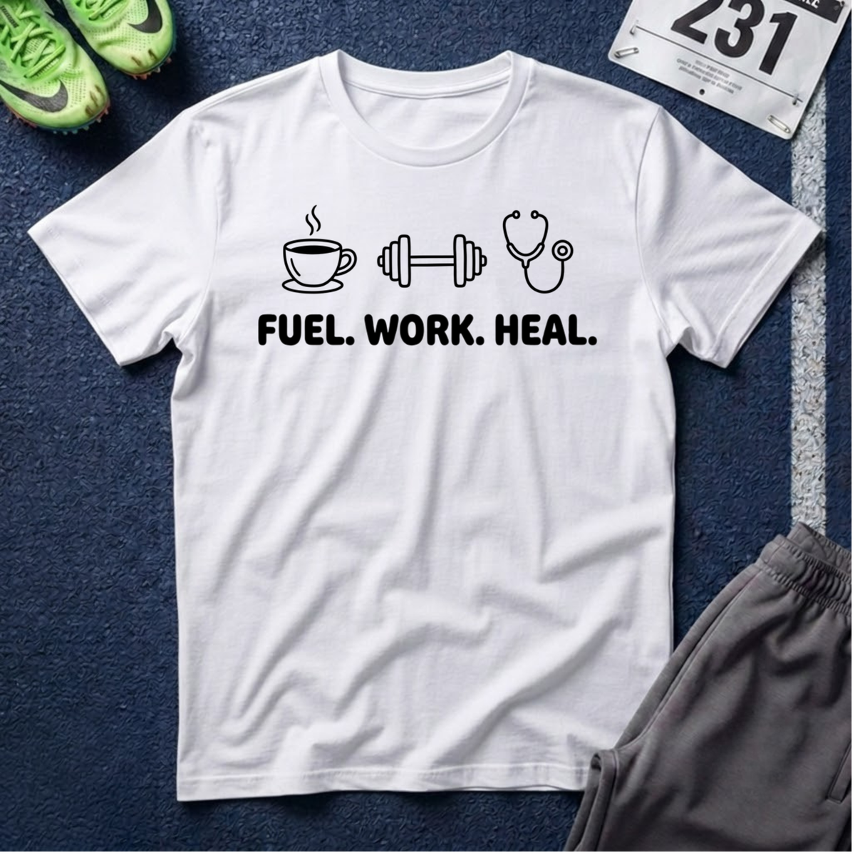 Fuel. Work. Heal. T-Shirt — Coffee, Fitness & Healthcare Tee