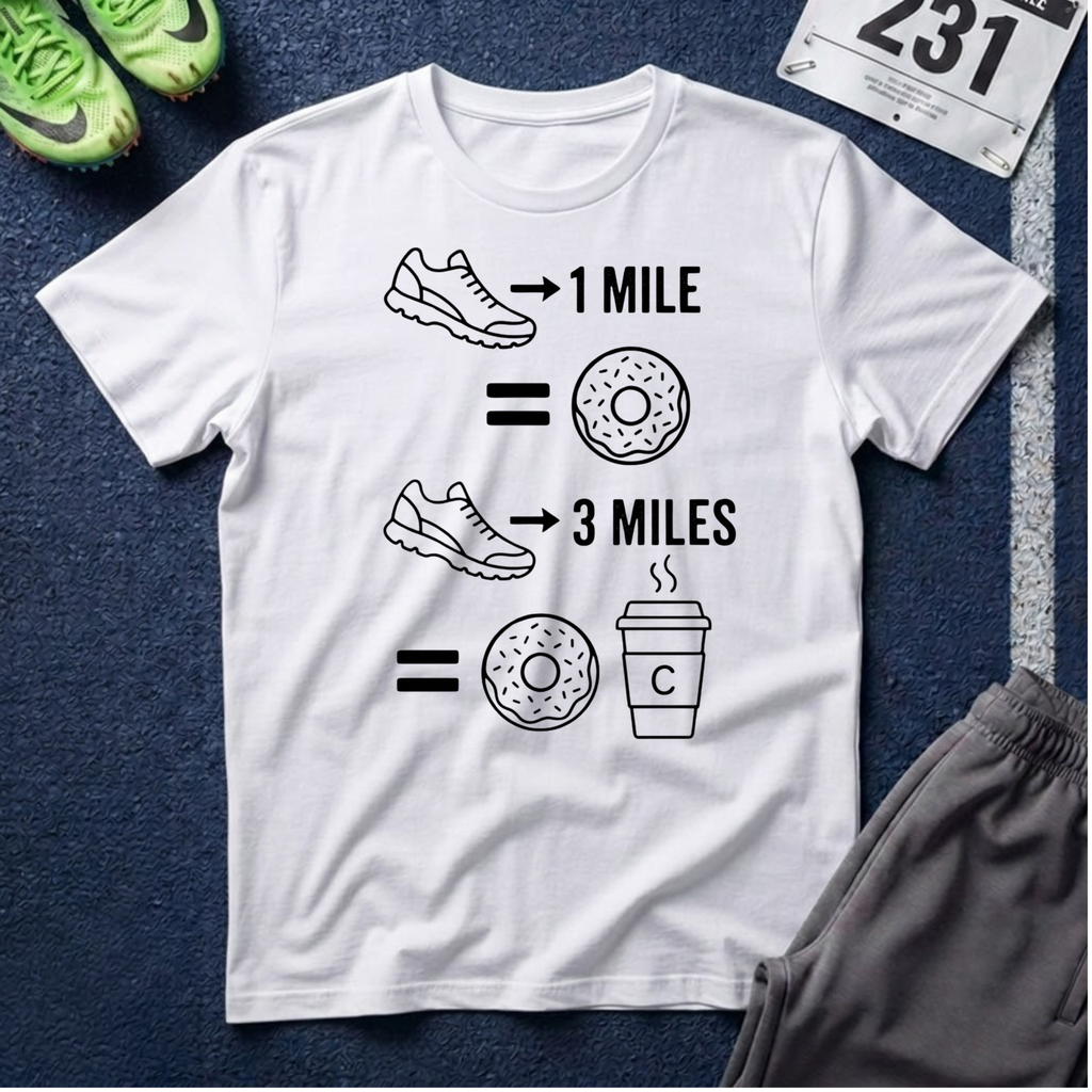 Running Equals Donuts T-Shirt — (1 Mile = Donut, 3 Miles = Coffee & Donut)