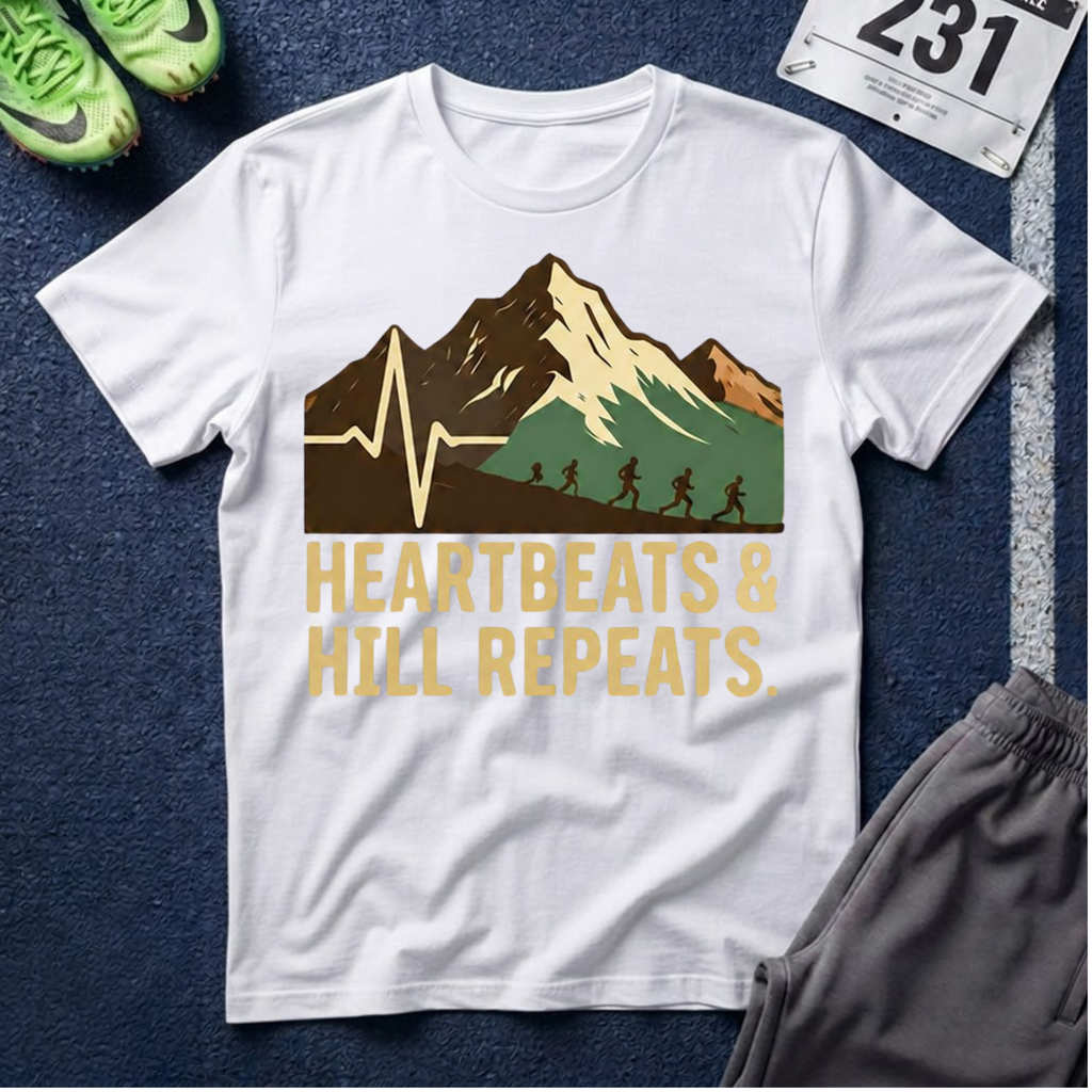 Hiking Mountain Tee — "Heartbeats & Hill Repeats" Outdoor Adventure T-Shirt