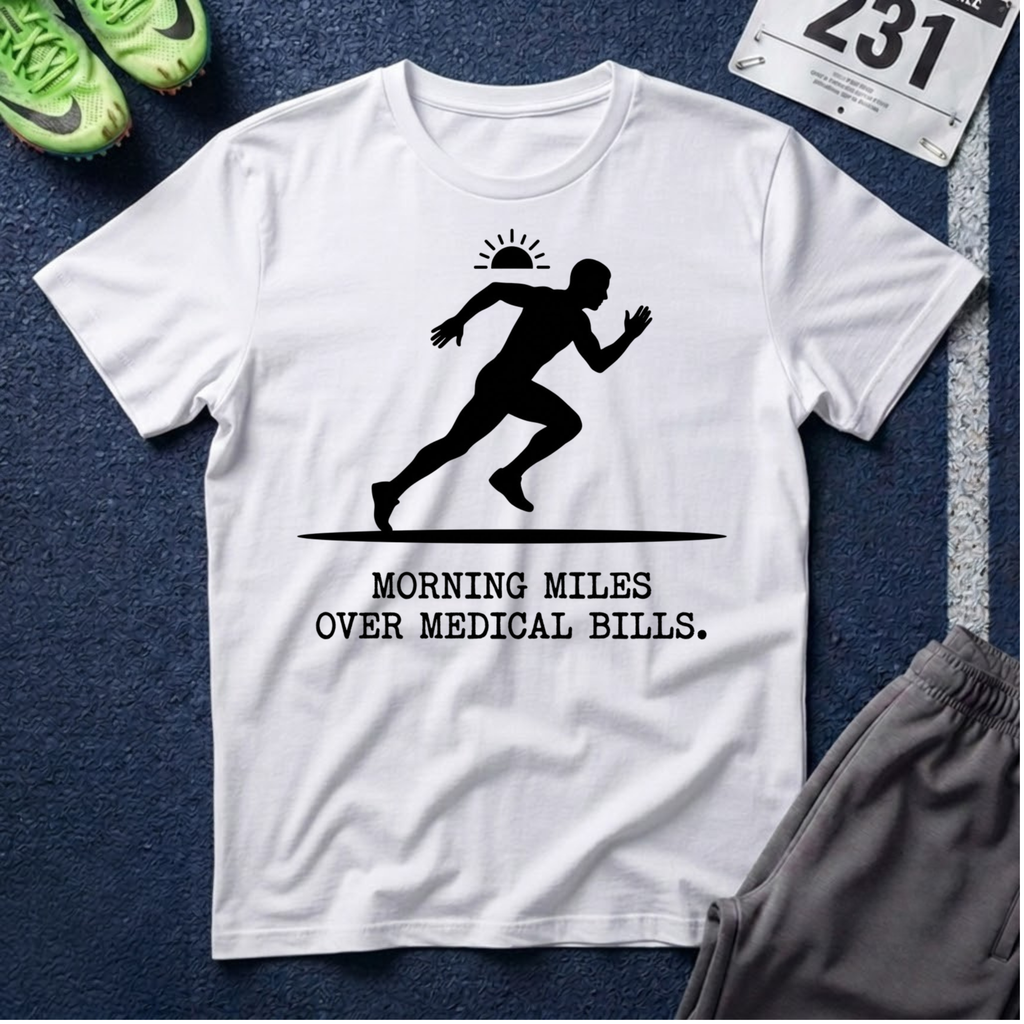 Running Silhouette T-Shirt — “Morning Miles Over Medical Bills”