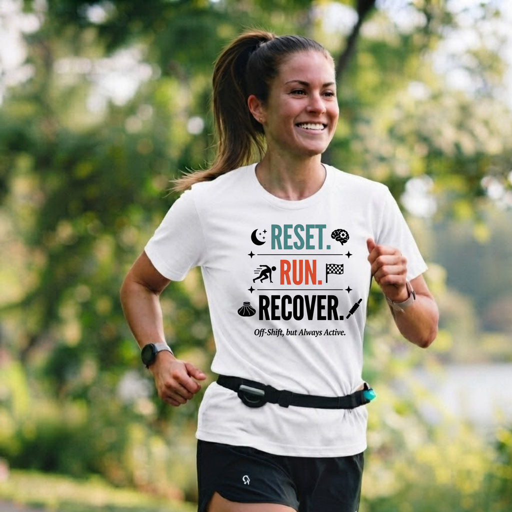 Run Recovery T-Shirt — "Reset. Run. Recover." Motivational Running Tee